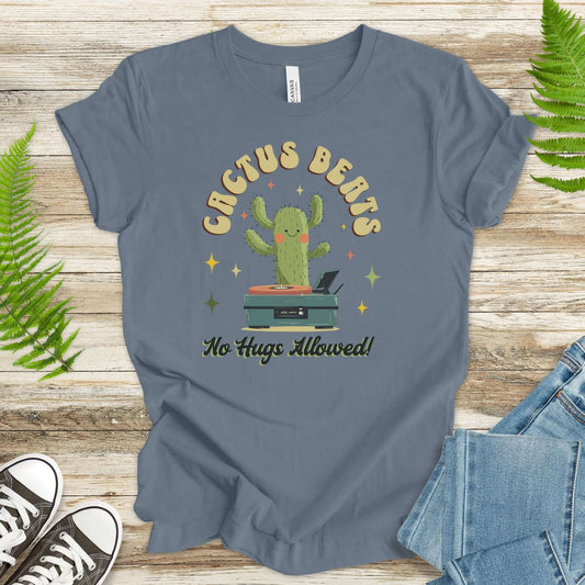 Funny Retro DJ Cactus T-Shirt with playful graphics and the text 'No Hugs Allowed!' on a soft cotton tee.