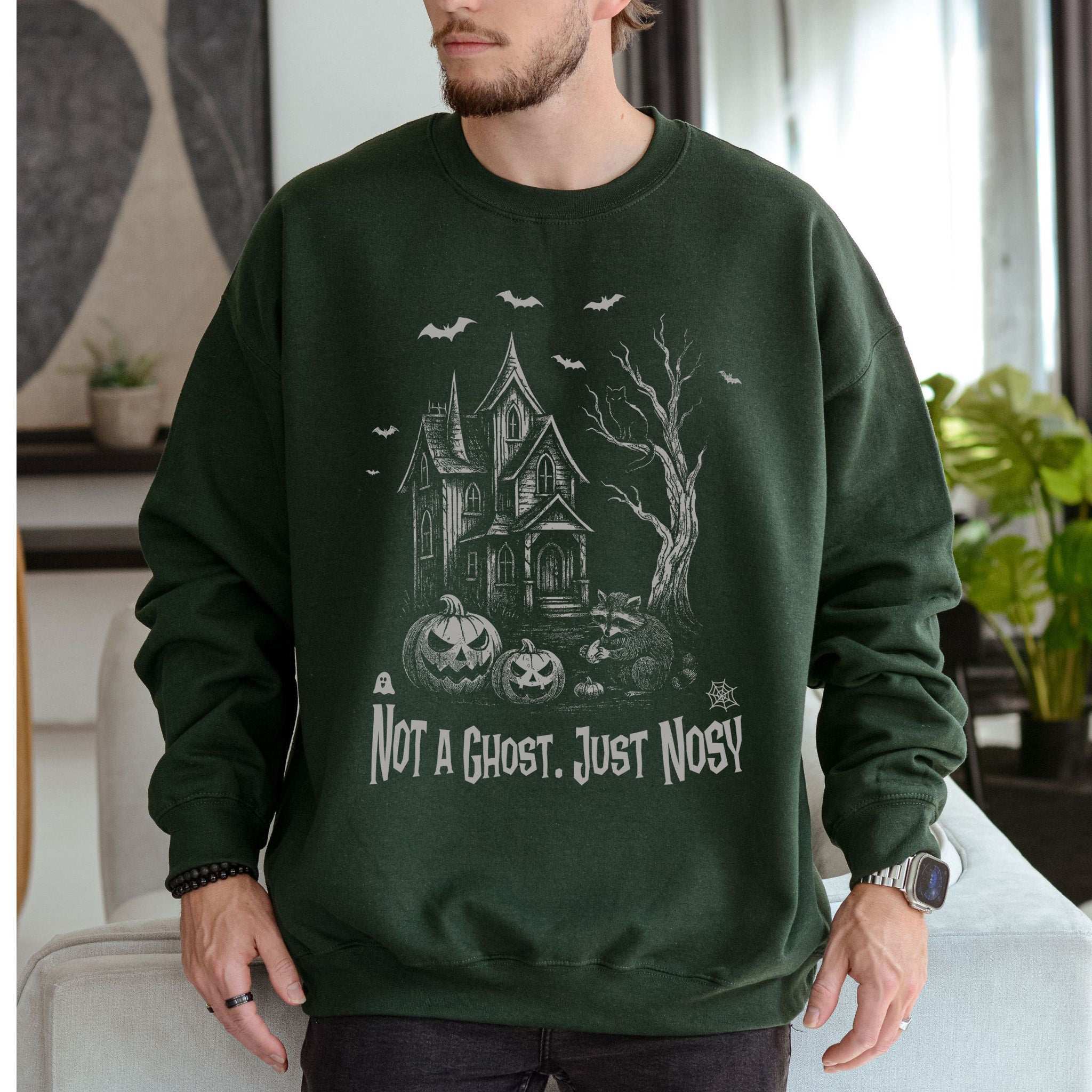 Haunted House Raccoon Sweatshirt – Nosy Ghostly Halloween Vibes