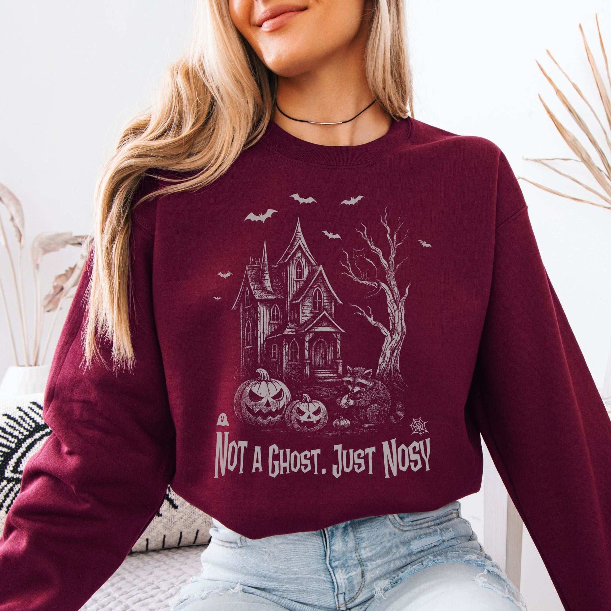 Haunted House Raccoon Sweatshirt – Nosy Ghostly Halloween Vibes
