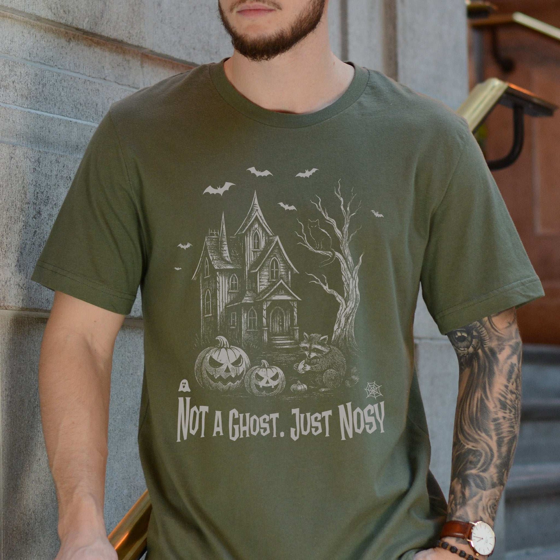 Haunted House Raccoon T-Shirt – Nosy Ghostly Halloween Vibes