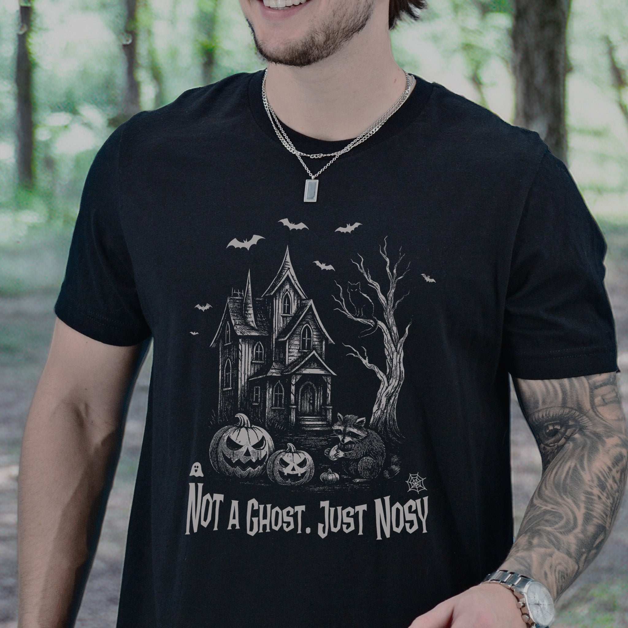 Haunted House Raccoon T-Shirt – Nosy Ghostly Halloween Vibes