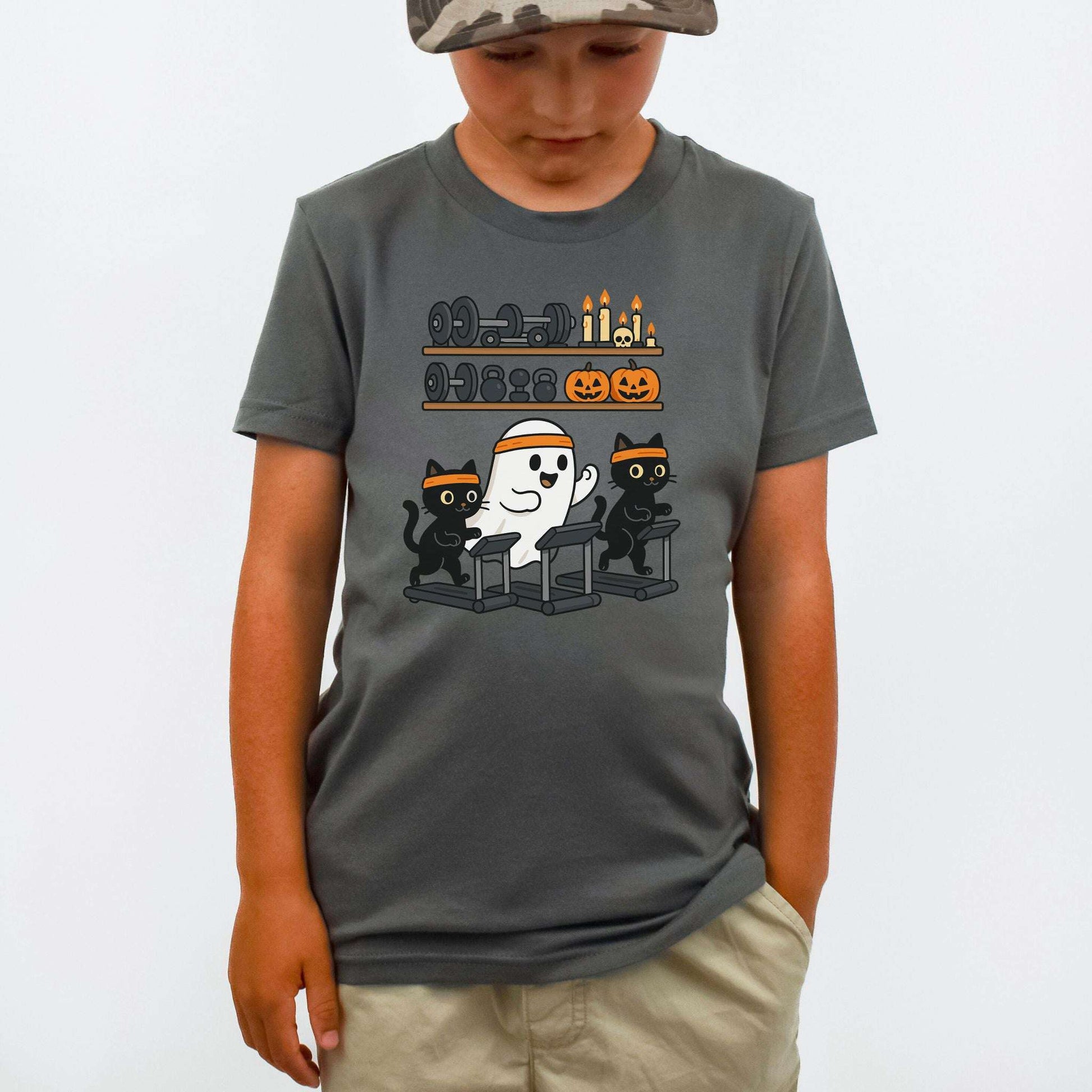 Haunted Gym Ghost & Cats Youth T-Shirt – Spooky Workout Squad
