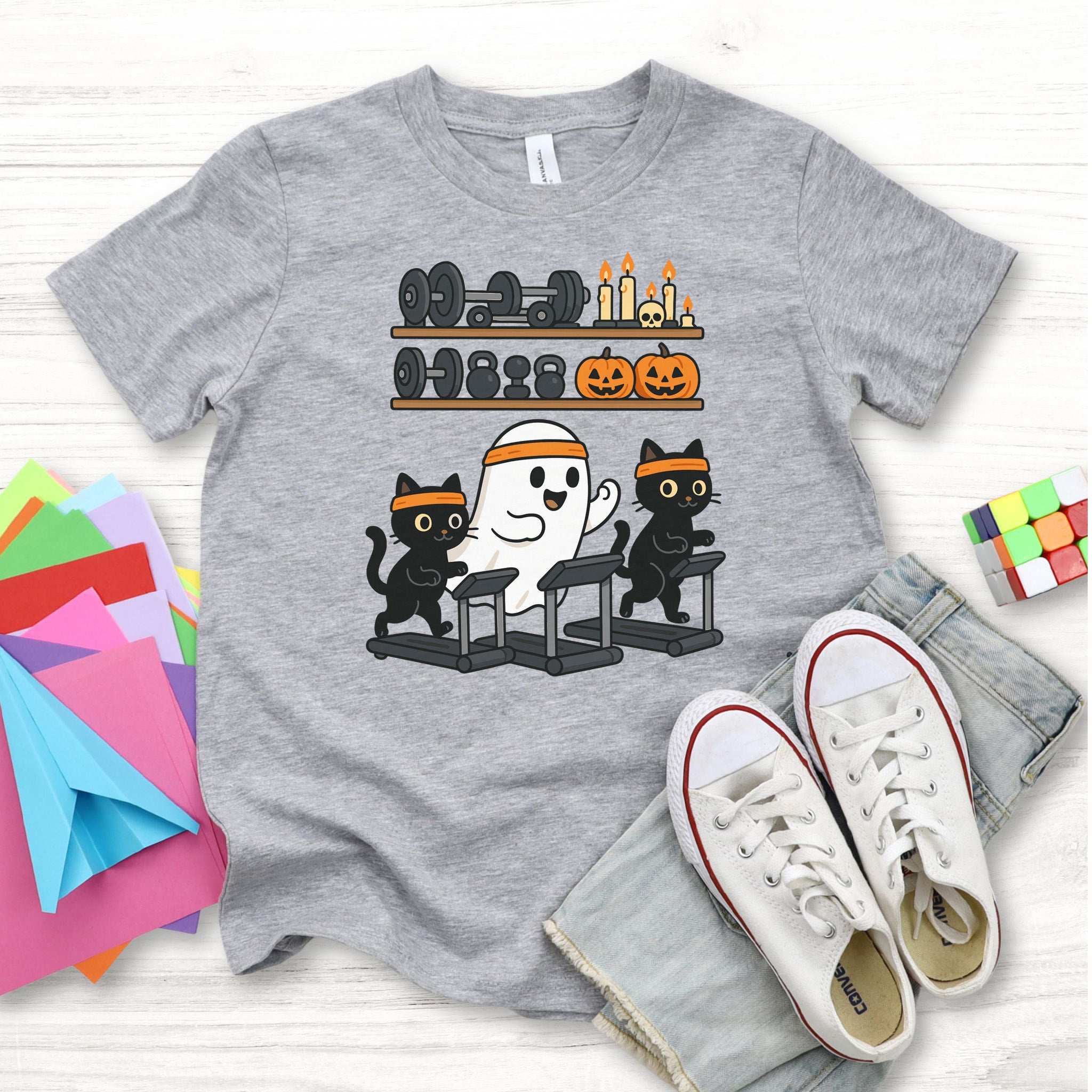 Haunted Gym Ghost & Cats Youth T-Shirt – Spooky Workout Squad