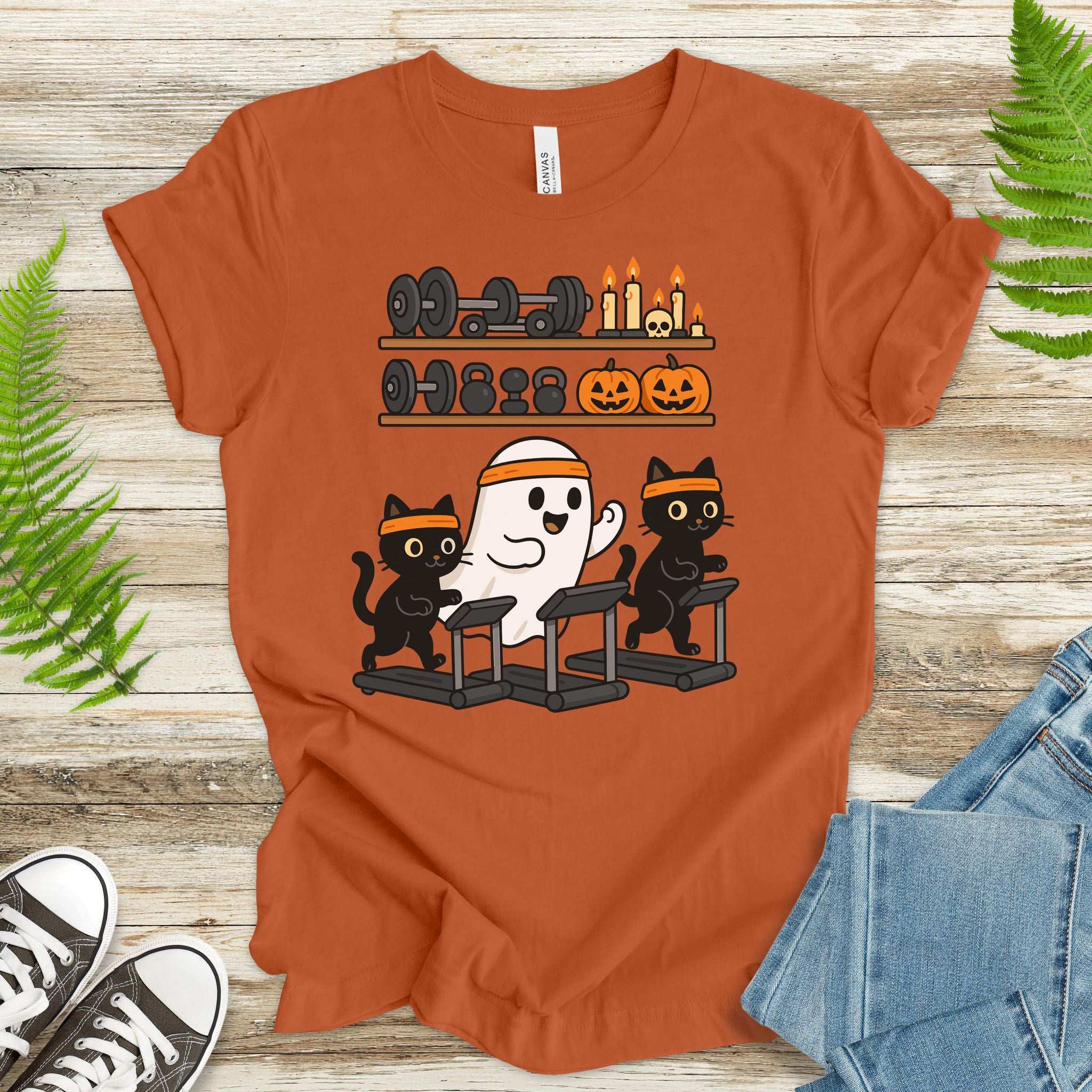 Haunted Gym Ghost & Cats T-Shirt – Spooky Workout Squad Tee