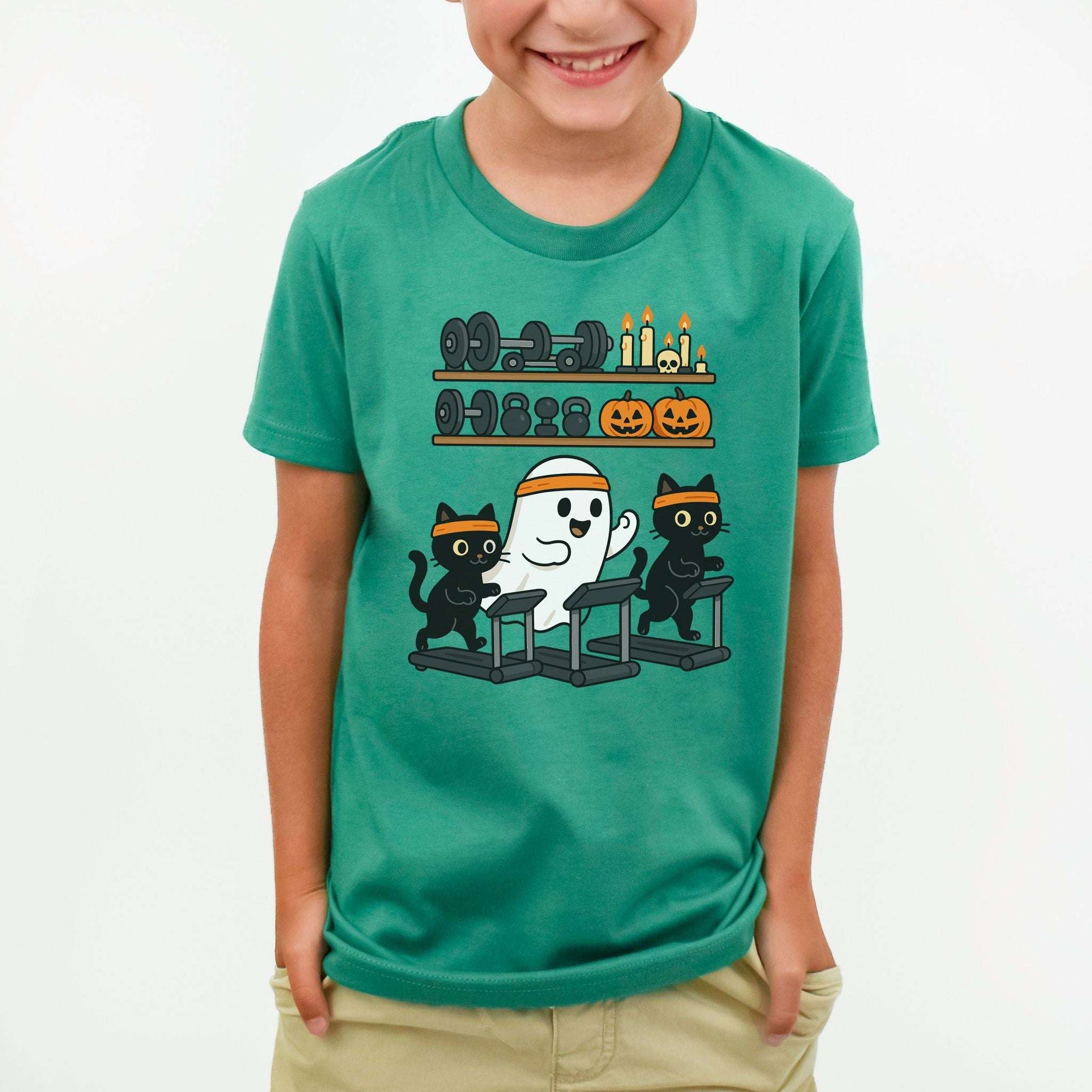 Haunted Gym Ghost & Cats Youth T-Shirt – Spooky Workout Squad