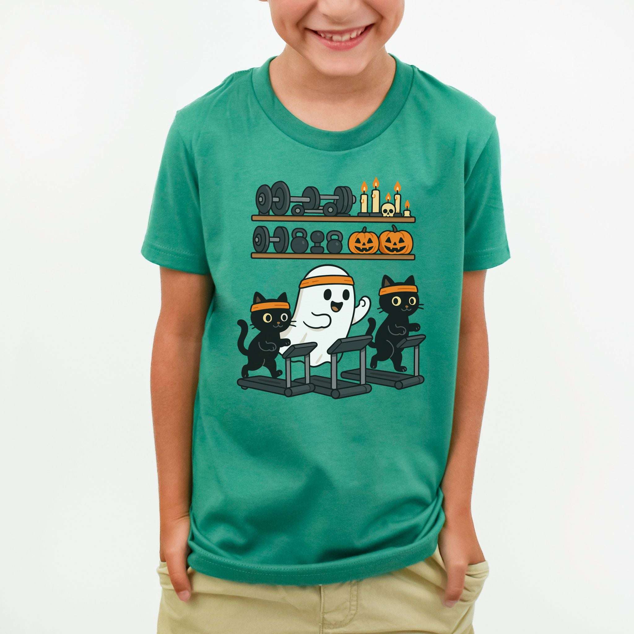 Haunted Gym Ghost & Cats Youth T-Shirt – Spooky Workout Squad