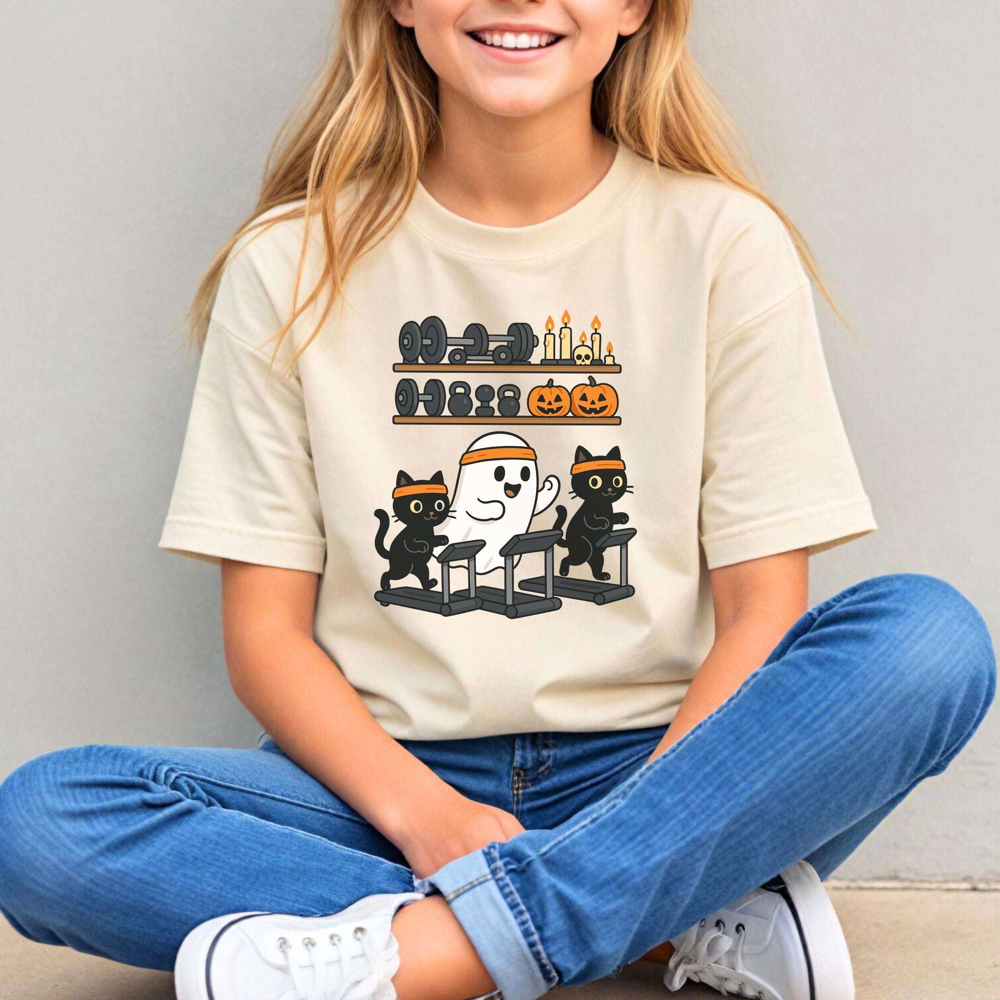 Haunted Gym Ghost & Cats Youth T-Shirt – Spooky Workout Squad