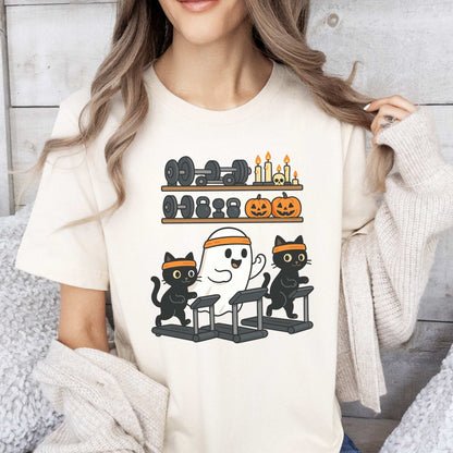 Haunted Gym Ghost & Cats T-Shirt – Spooky Workout Squad Tee