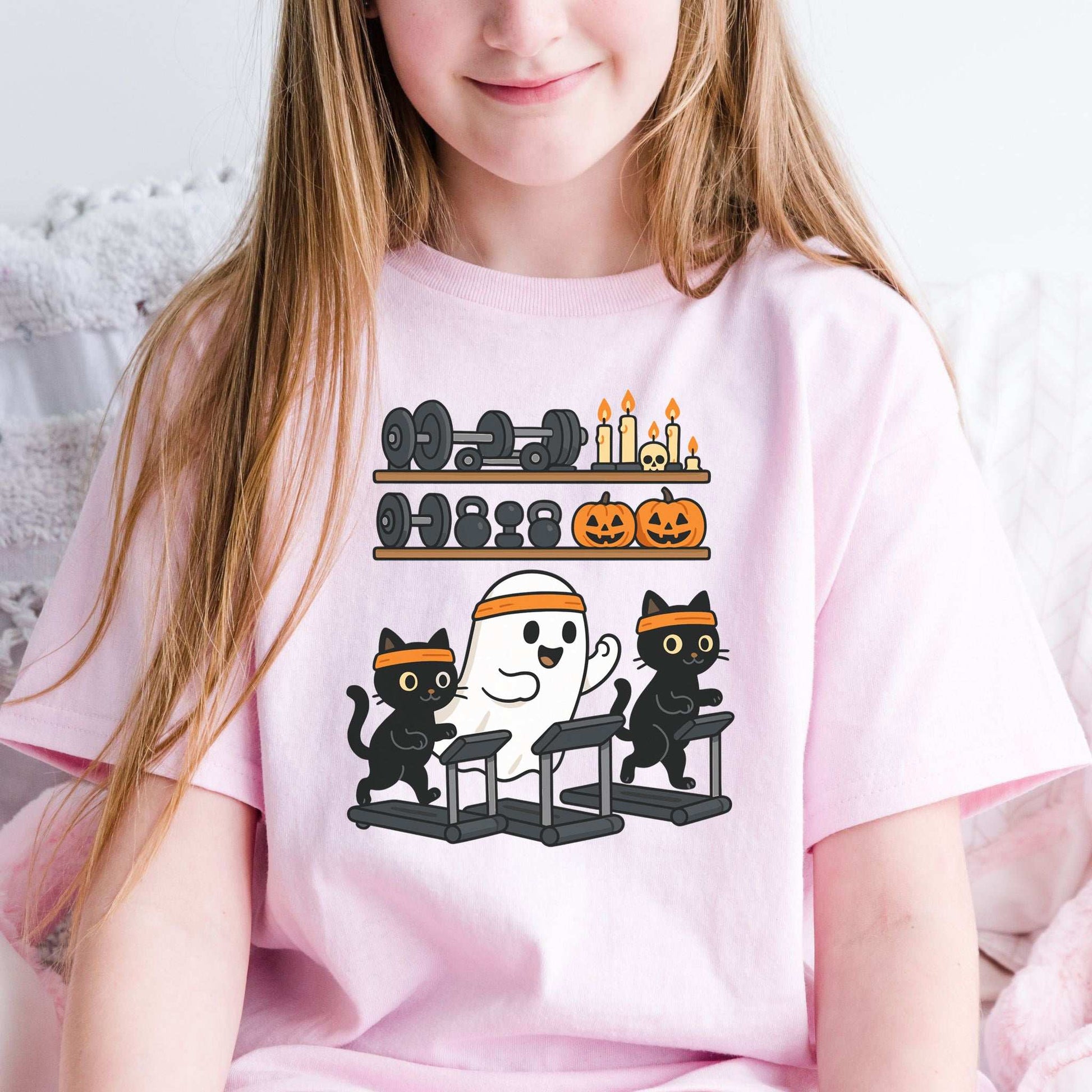 Haunted Gym Ghost & Cats Youth T-Shirt – Spooky Workout Squad