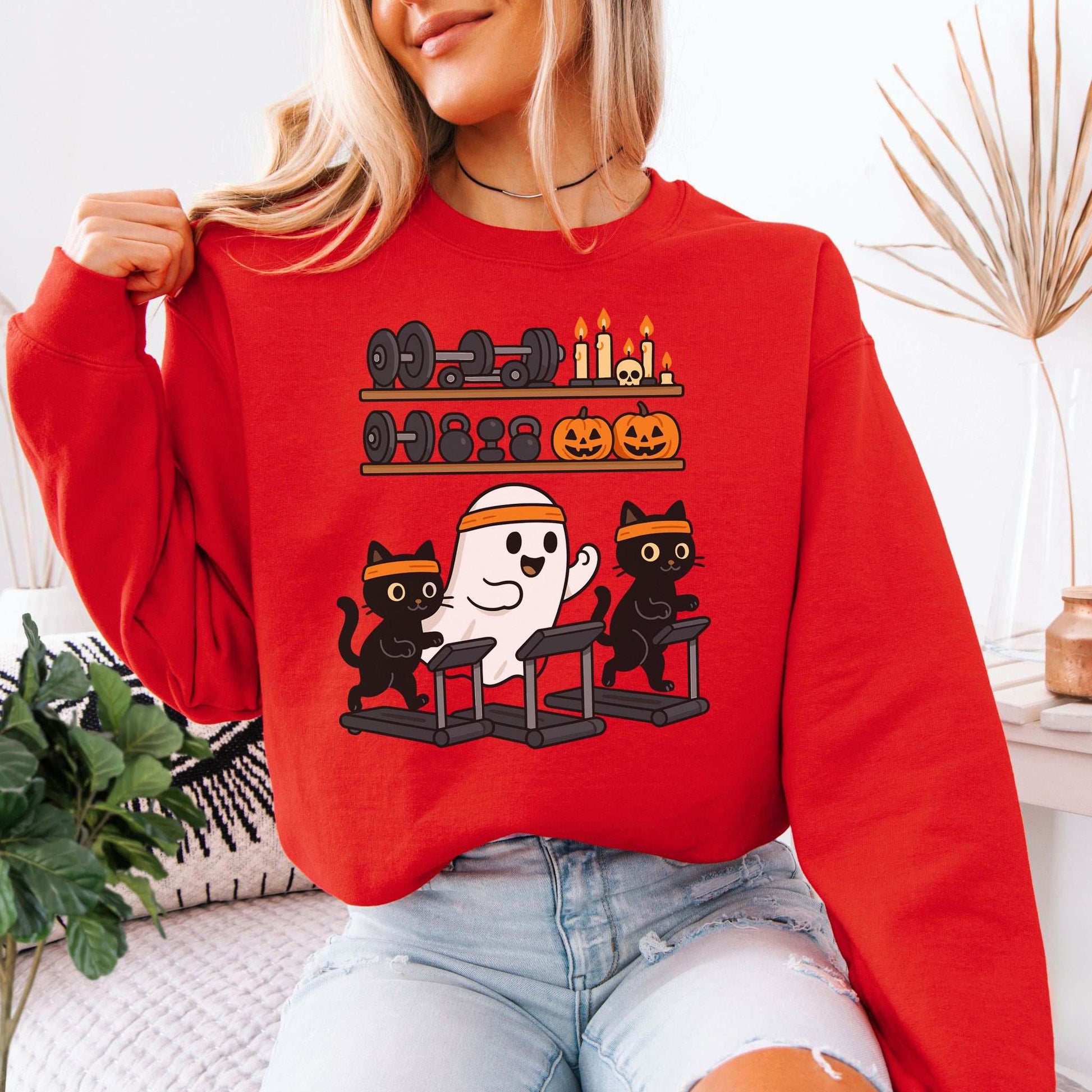 Haunted Gym Ghost & Cats Sweatshirt – Spooky Workout Squad Goals