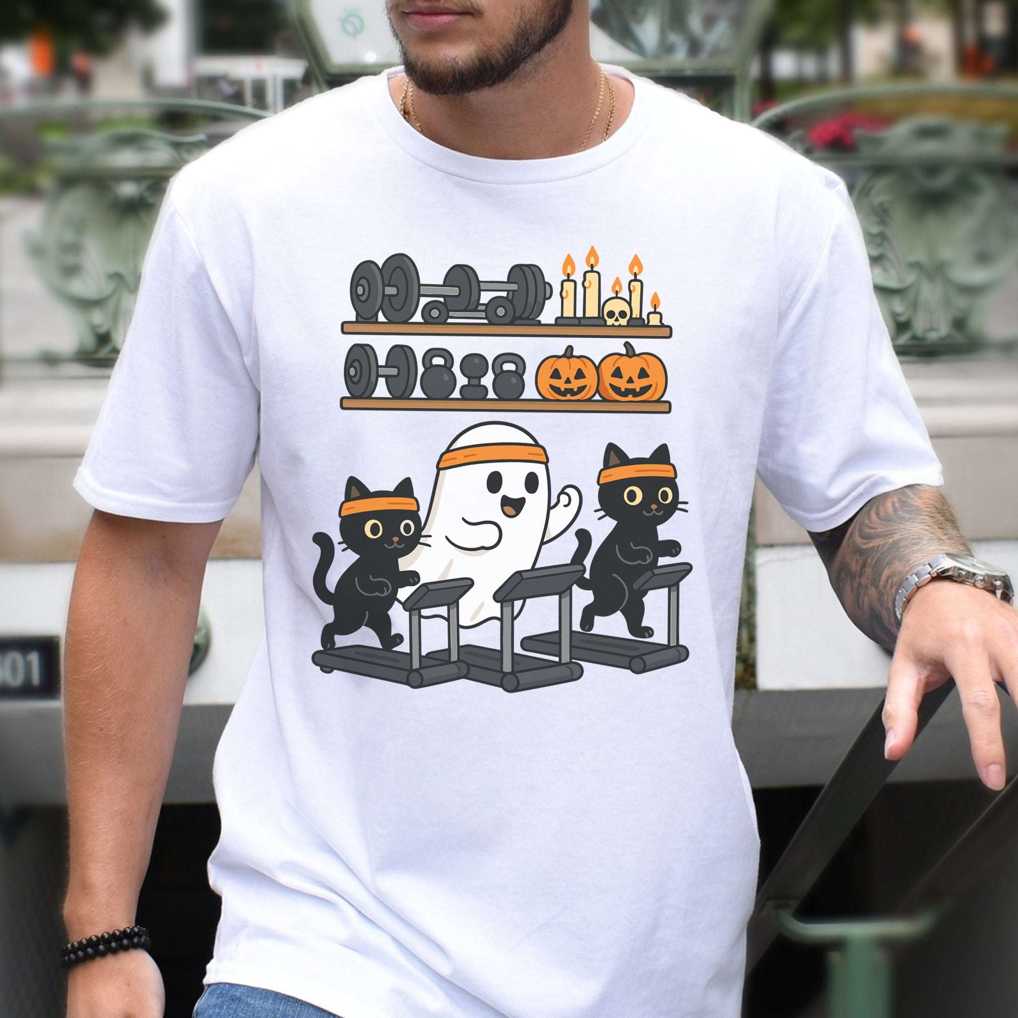 Haunted Gym Ghost & Cats T-Shirt – Spooky Workout Squad Tee