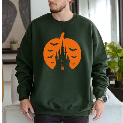 Haunted Pumpkin Castle Sweatshirt – Gothic Halloween Bat & Spooky Vibes