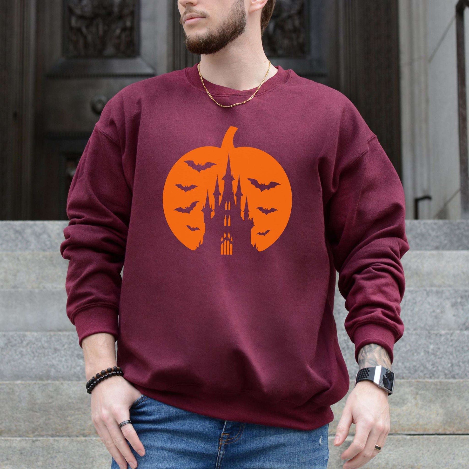 Haunted Pumpkin Castle Sweatshirt – Gothic Halloween Bat & Spooky Vibes