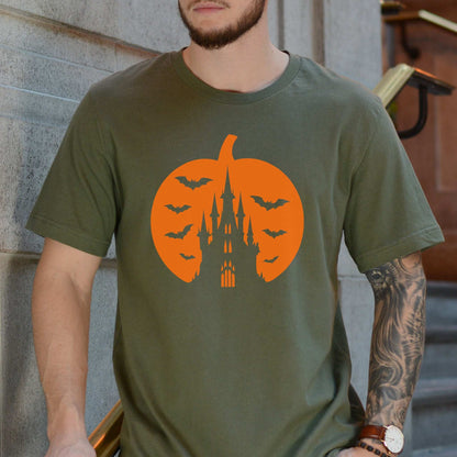 Haunted Pumpkin Castle T-Shirt – Gothic Halloween Bat & Spooky Vibes Tee