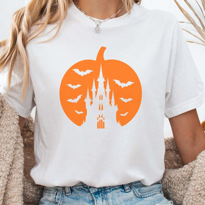 Haunted Pumpkin Castle T-Shirt – Gothic Halloween Bat & Spooky Vibes Tee