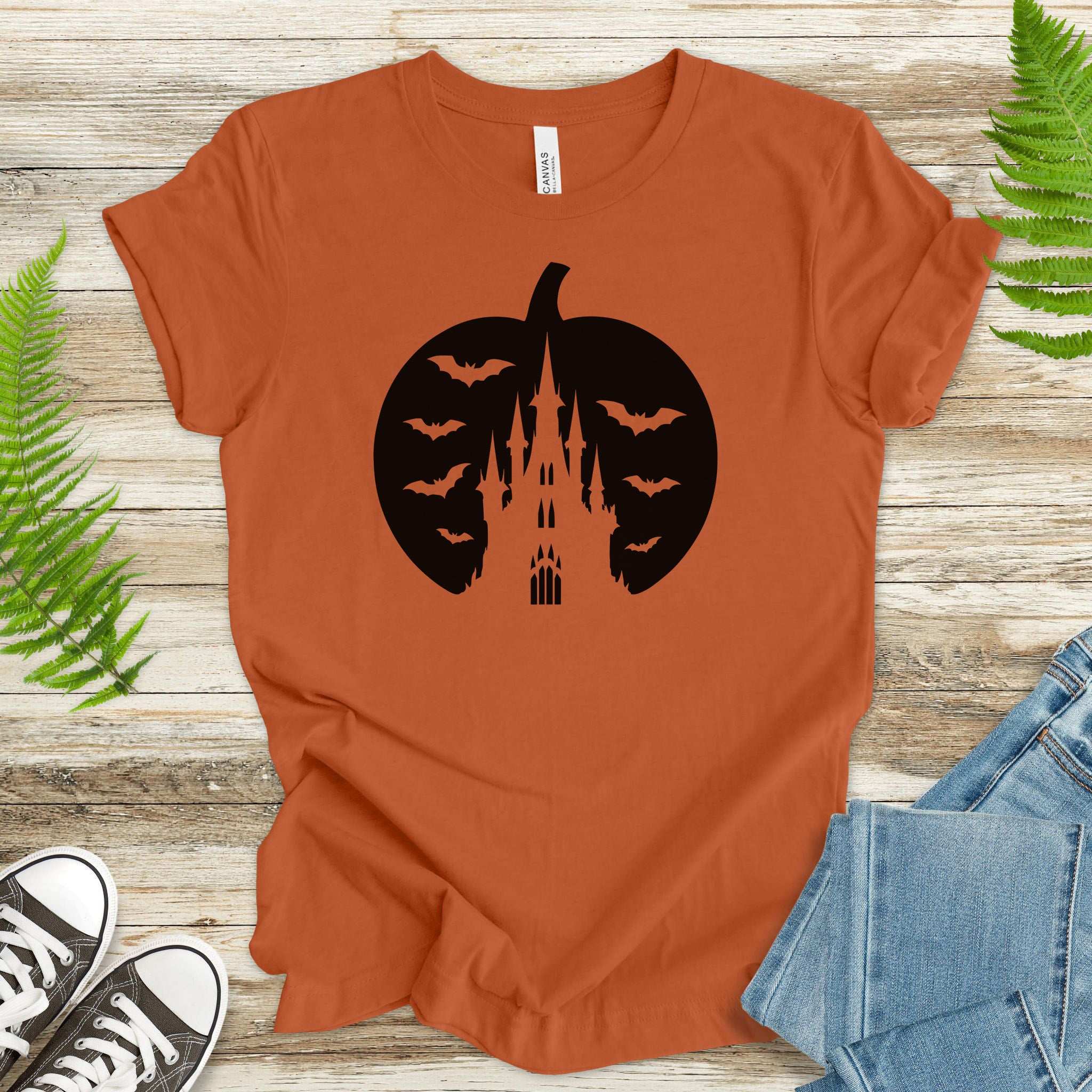 Haunted Pumpkin Castle T-Shirt – Gothic Halloween Bat & Spooky Vibes Tee