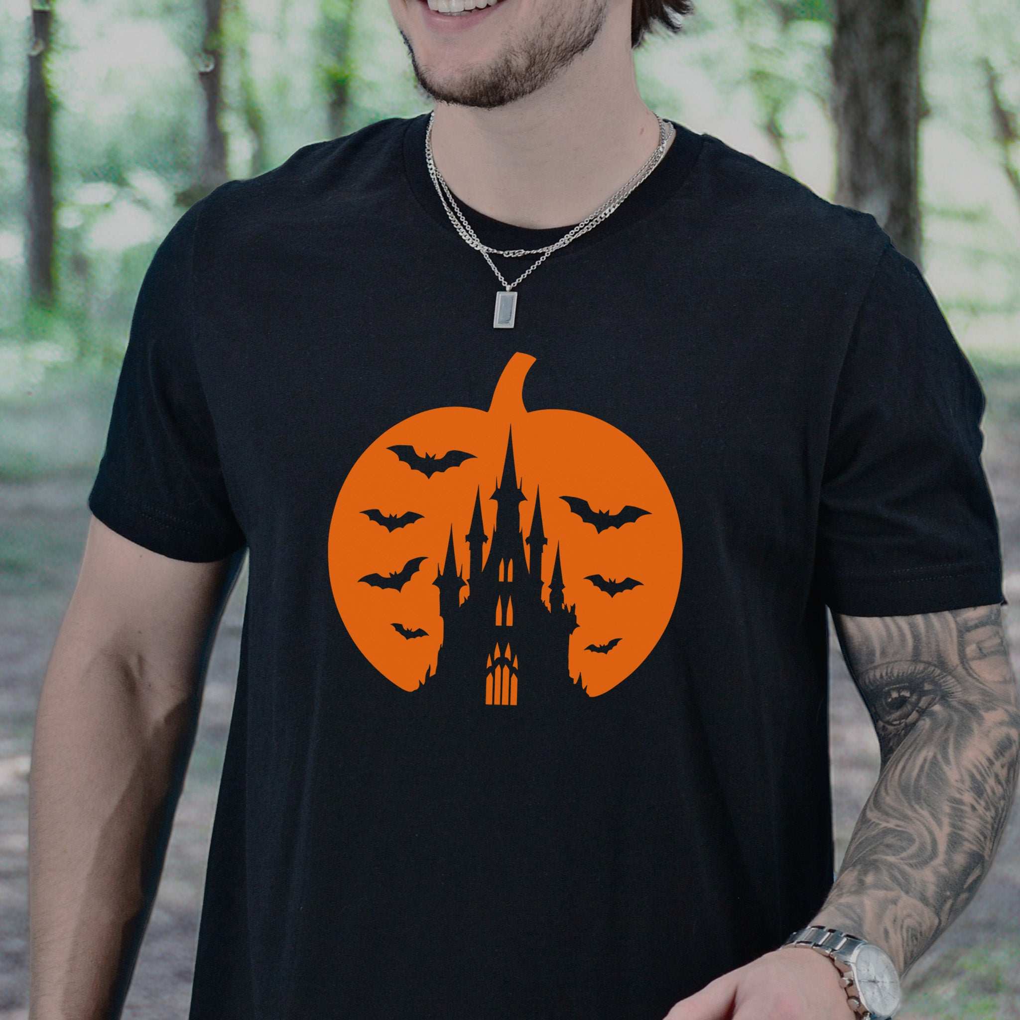 Haunted Pumpkin Castle T-Shirt – Gothic Halloween Bat & Spooky Vibes Tee