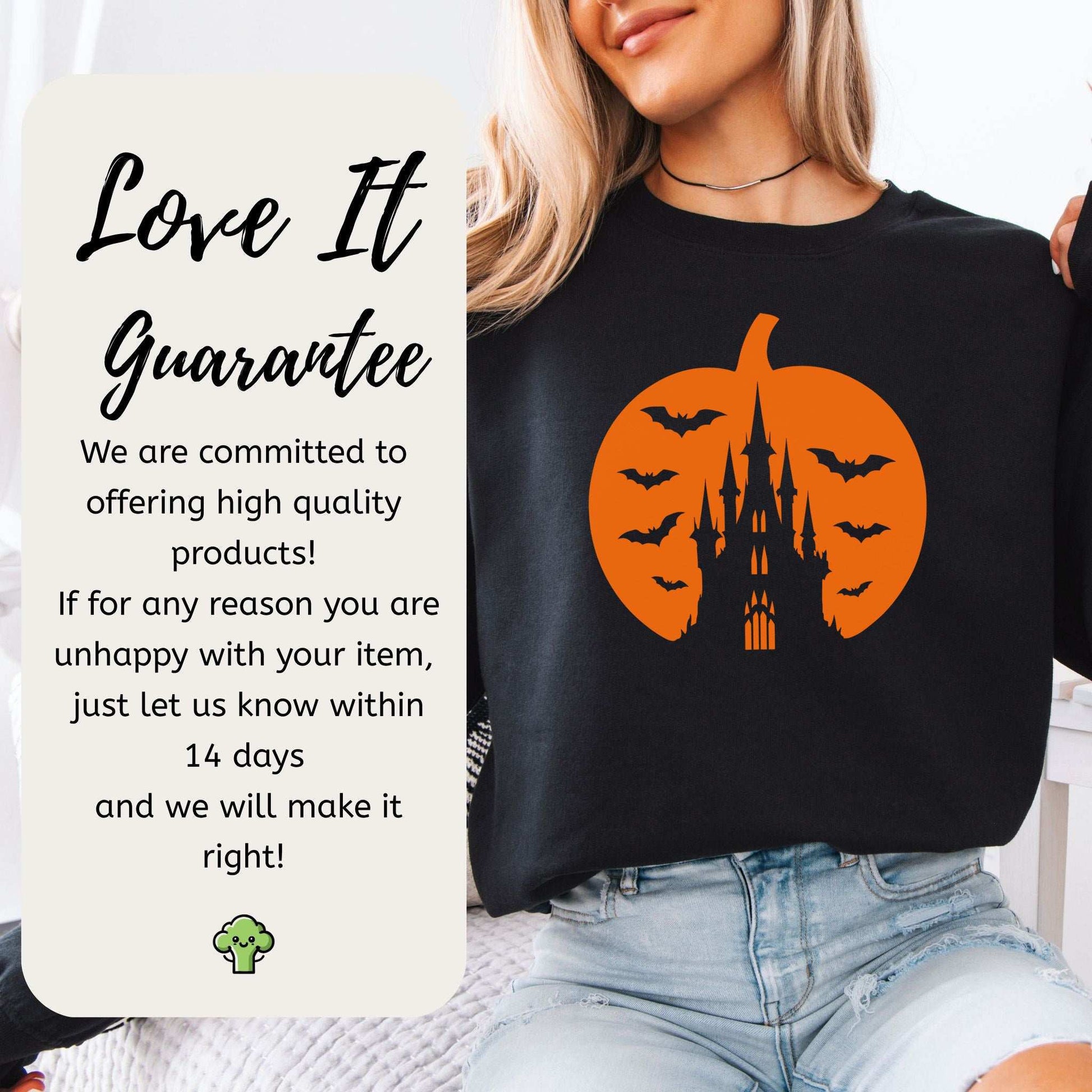 Haunted Pumpkin Castle Sweatshirt – Gothic Halloween Bat & Spooky Vibes