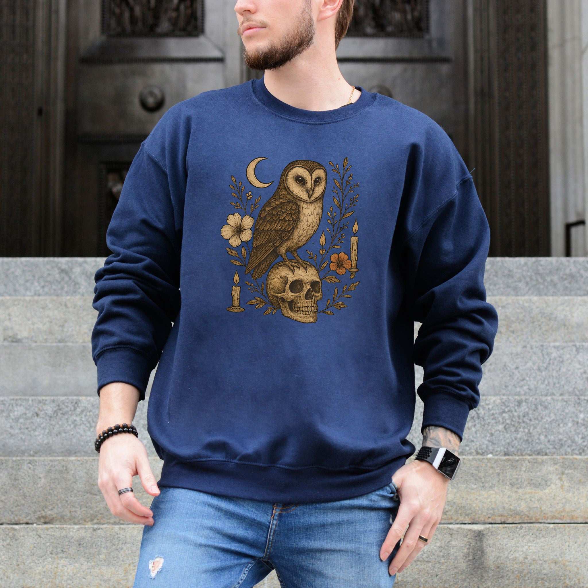 Haunting Owl & Skull Sweatshirt – Gothic Moonlit Autumn Vibes