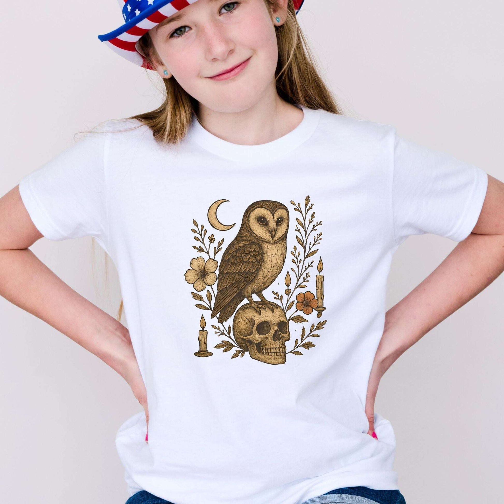 Haunting Owl & Skull Youth T-Shirt – Moonlit Autumn Magic