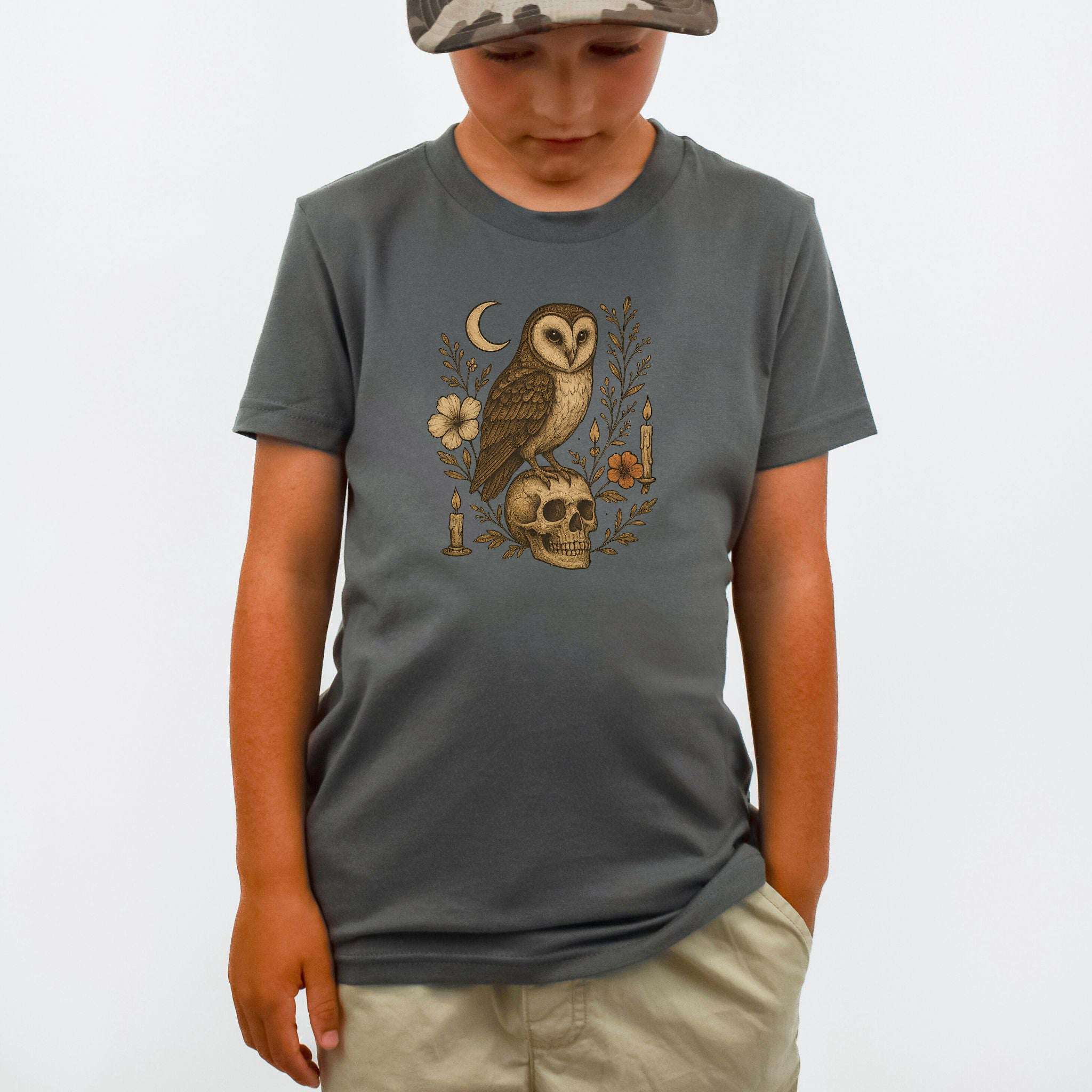 Haunting Owl & Skull Youth T-Shirt – Moonlit Autumn Magic