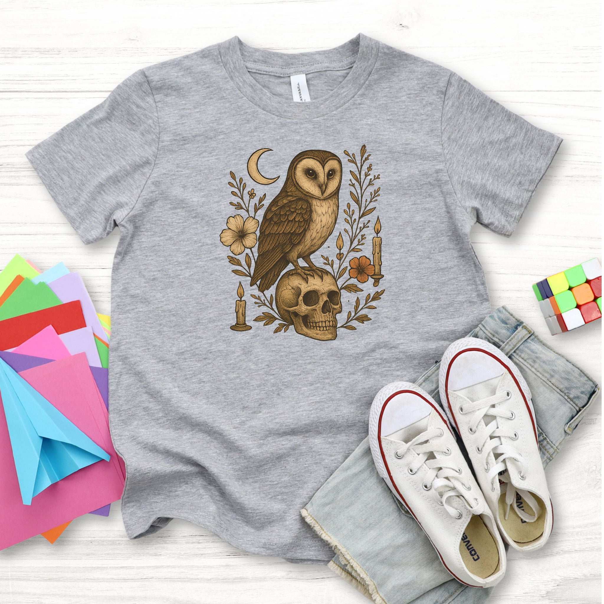 Haunting Owl & Skull Youth T-Shirt – Moonlit Autumn Magic