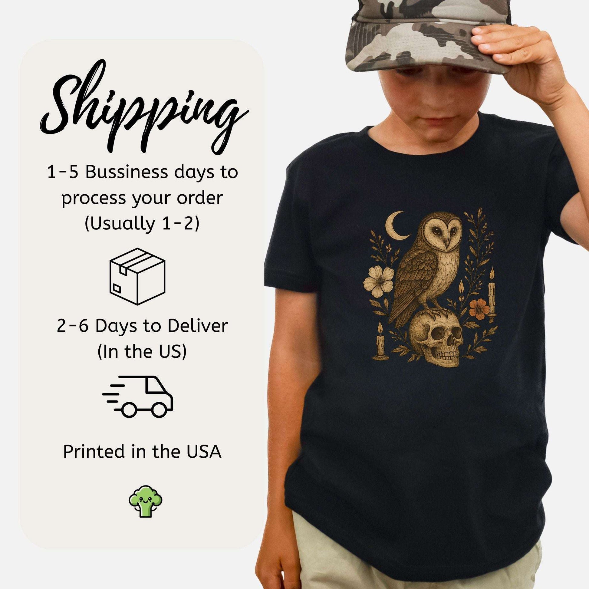 Haunting Owl & Skull Youth T-Shirt – Moonlit Autumn Magic