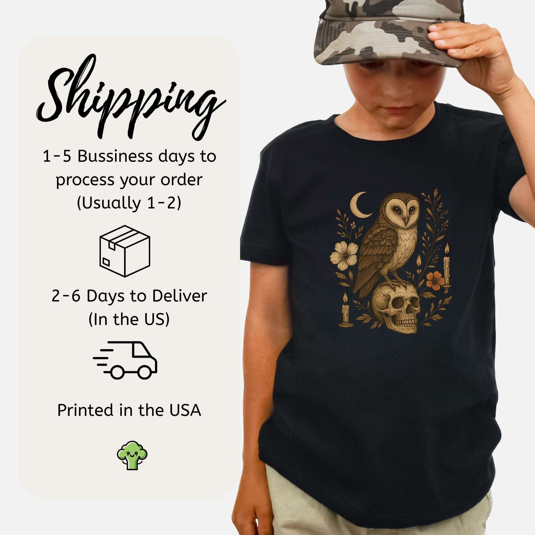 Haunting Owl & Skull Youth T-Shirt – Moonlit Autumn Magic