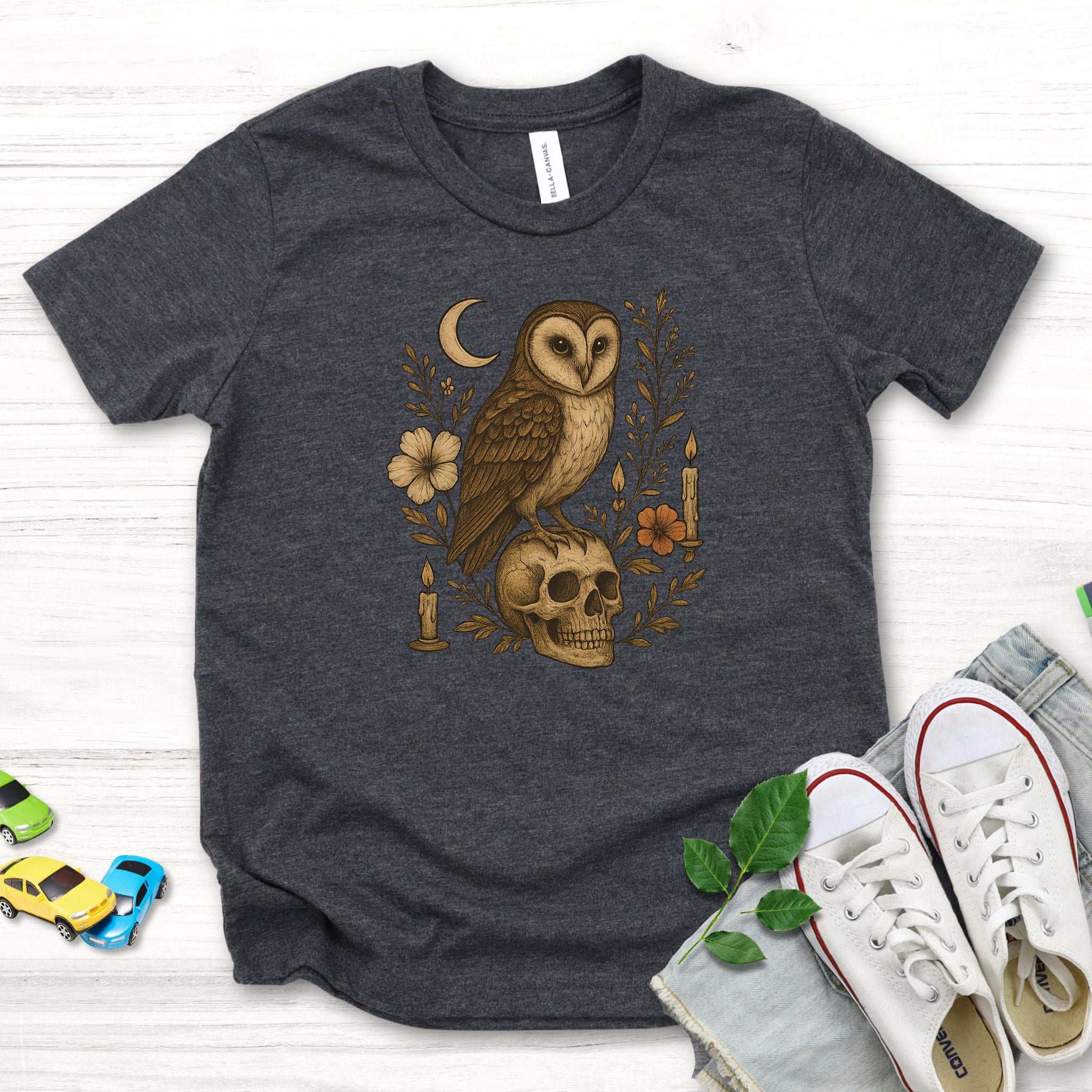 Haunting Owl & Skull Youth T-Shirt – Moonlit Autumn Magic