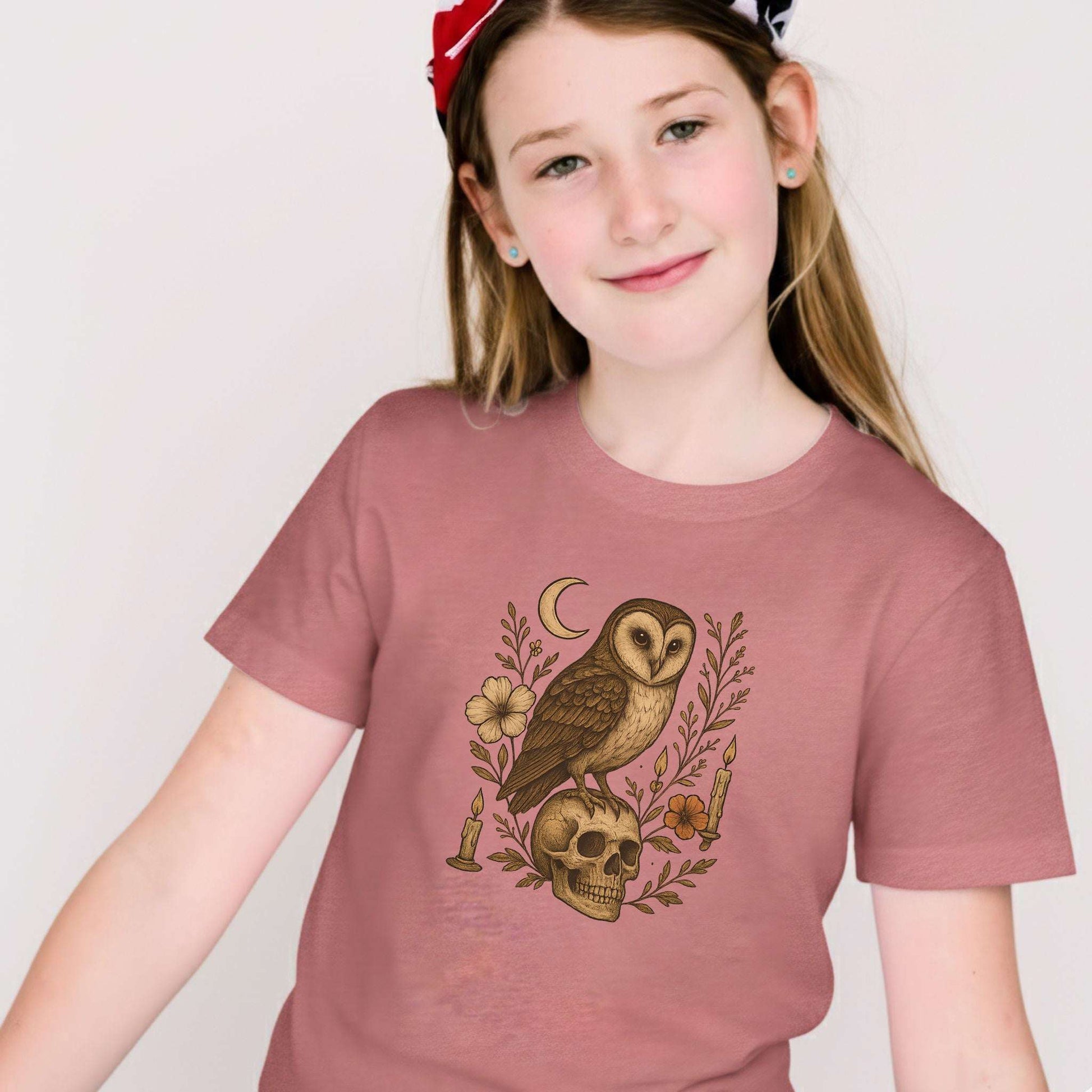 Haunting Owl & Skull Youth T-Shirt – Moonlit Autumn Magic