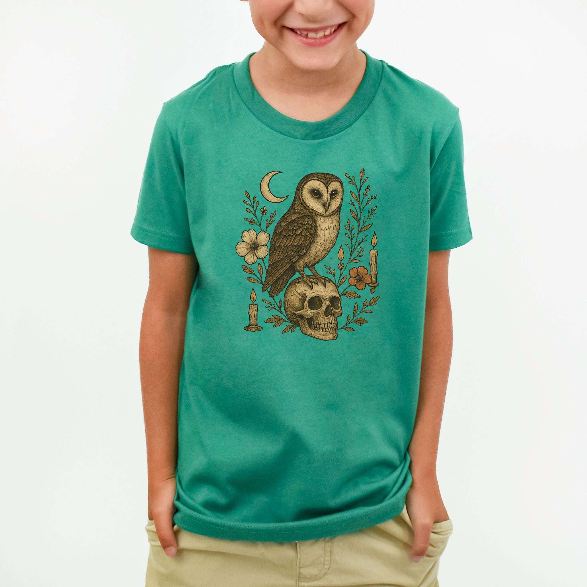 Haunting Owl & Skull Youth T-Shirt – Moonlit Autumn Magic