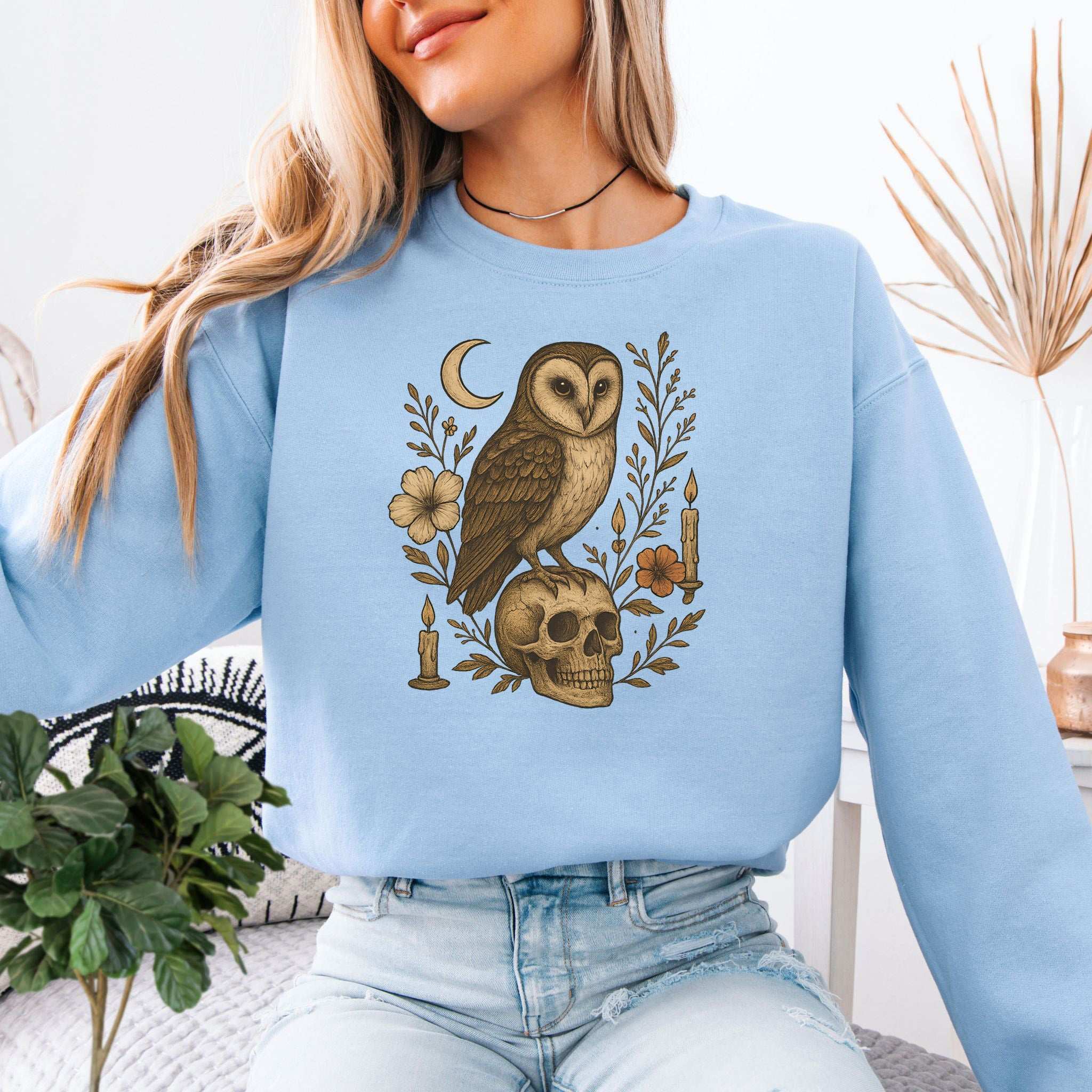 Haunting Owl & Skull Sweatshirt – Gothic Moonlit Autumn Vibes