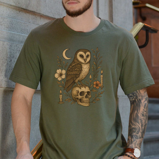 Haunting Owl & Skull T-Shirt – Gothic Moonlit Autumn Vibes