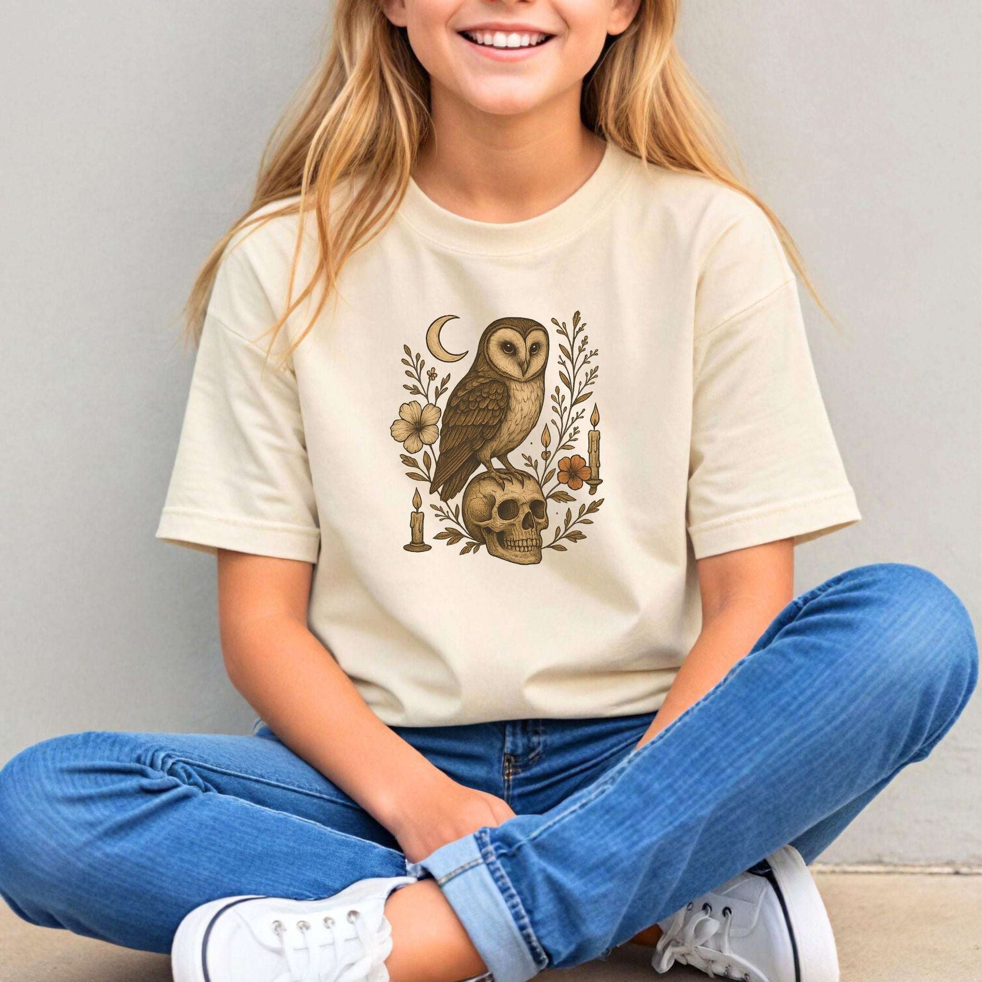 Haunting Owl & Skull Youth T-Shirt – Moonlit Autumn Magic