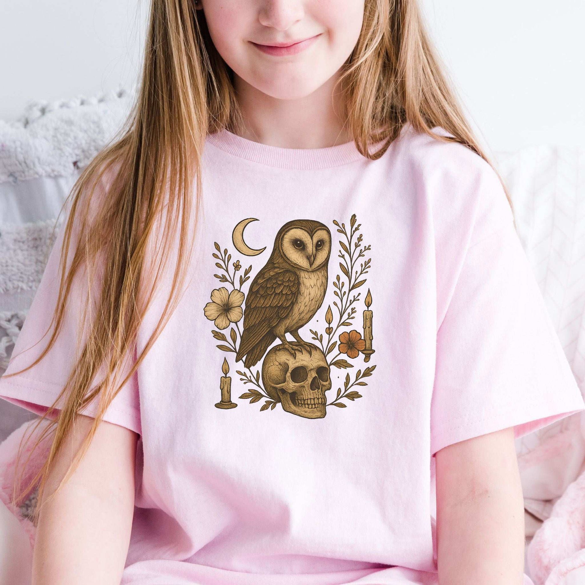 Haunting Owl & Skull Youth T-Shirt – Moonlit Autumn Magic