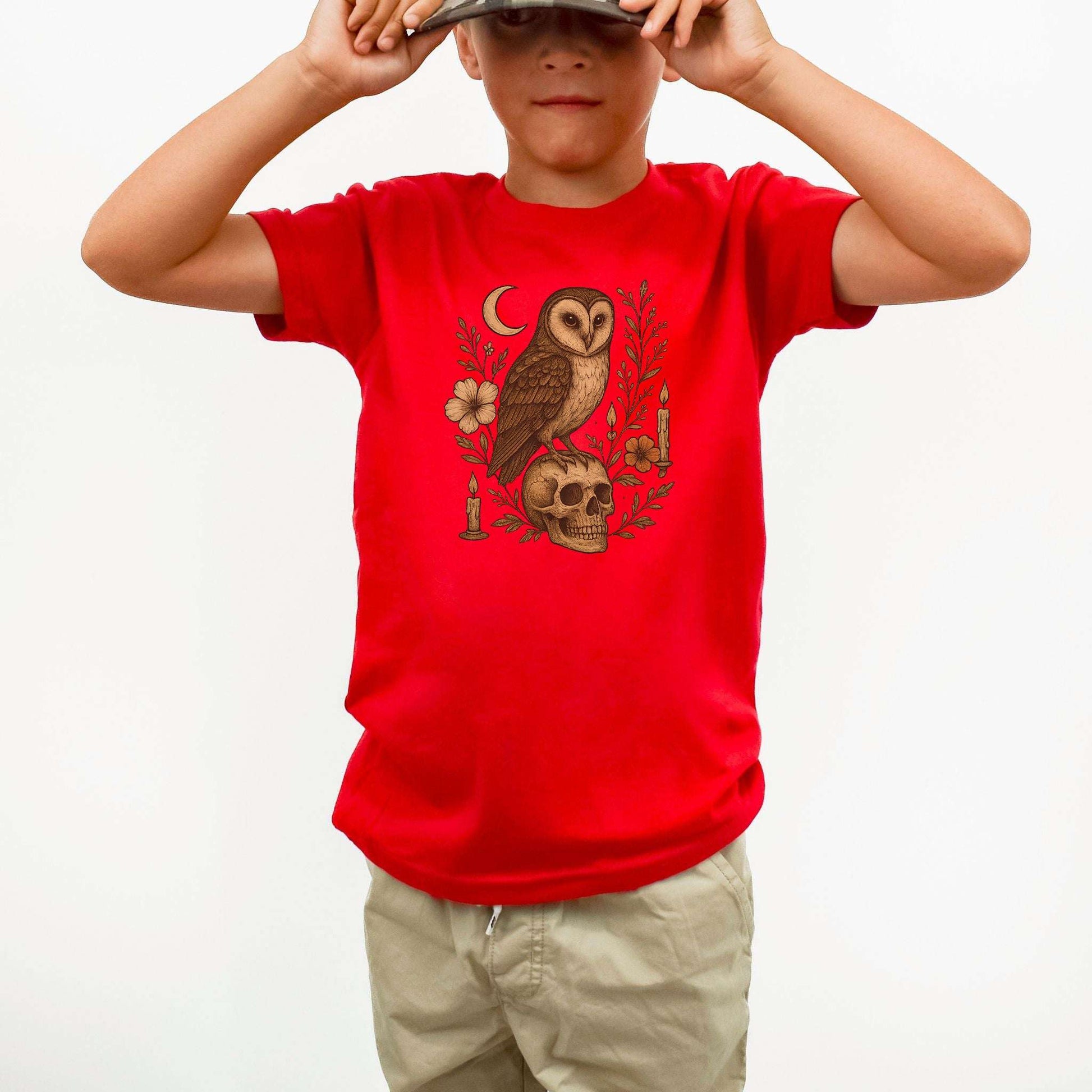 Haunting Owl & Skull Youth T-Shirt – Moonlit Autumn Magic