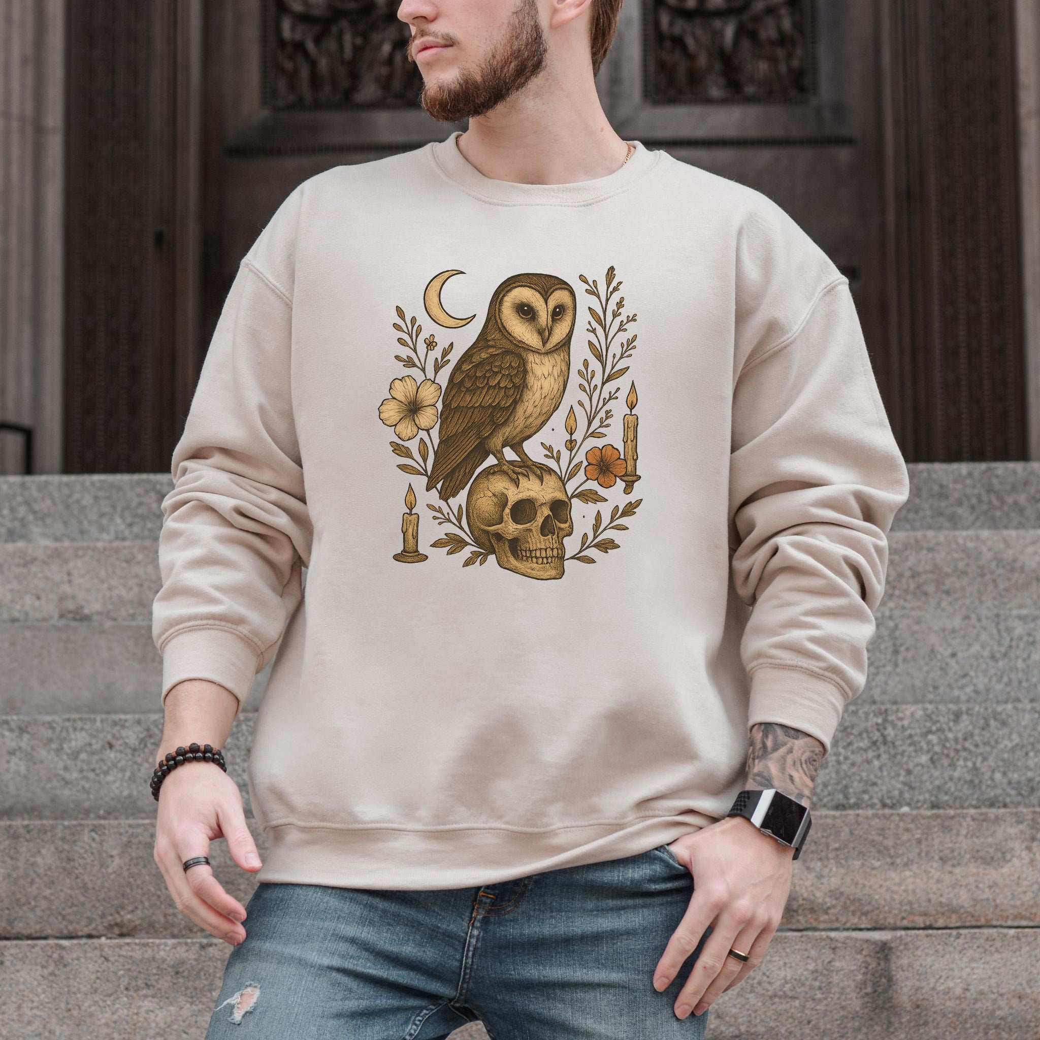 Haunting Owl & Skull Sweatshirt – Gothic Moonlit Autumn Vibes