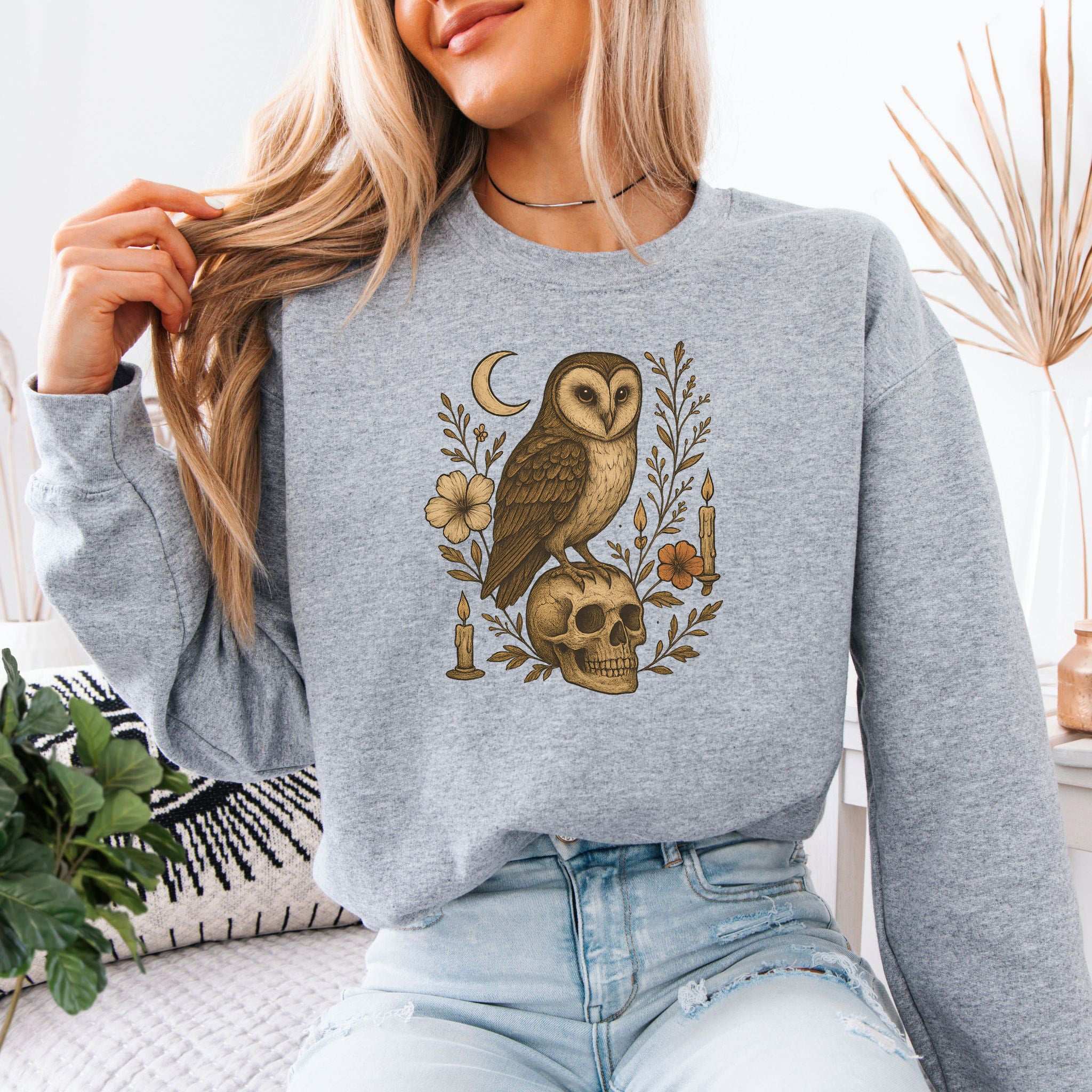 Haunting Owl & Skull Sweatshirt – Gothic Moonlit Autumn Vibes