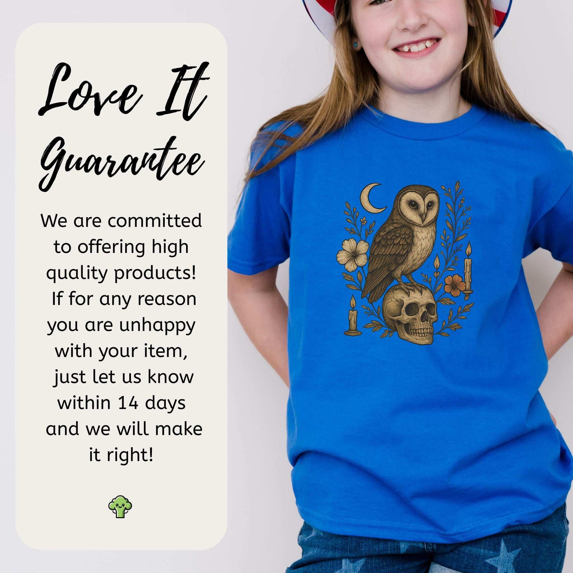 Haunting Owl & Skull Youth T-Shirt – Moonlit Autumn Magic