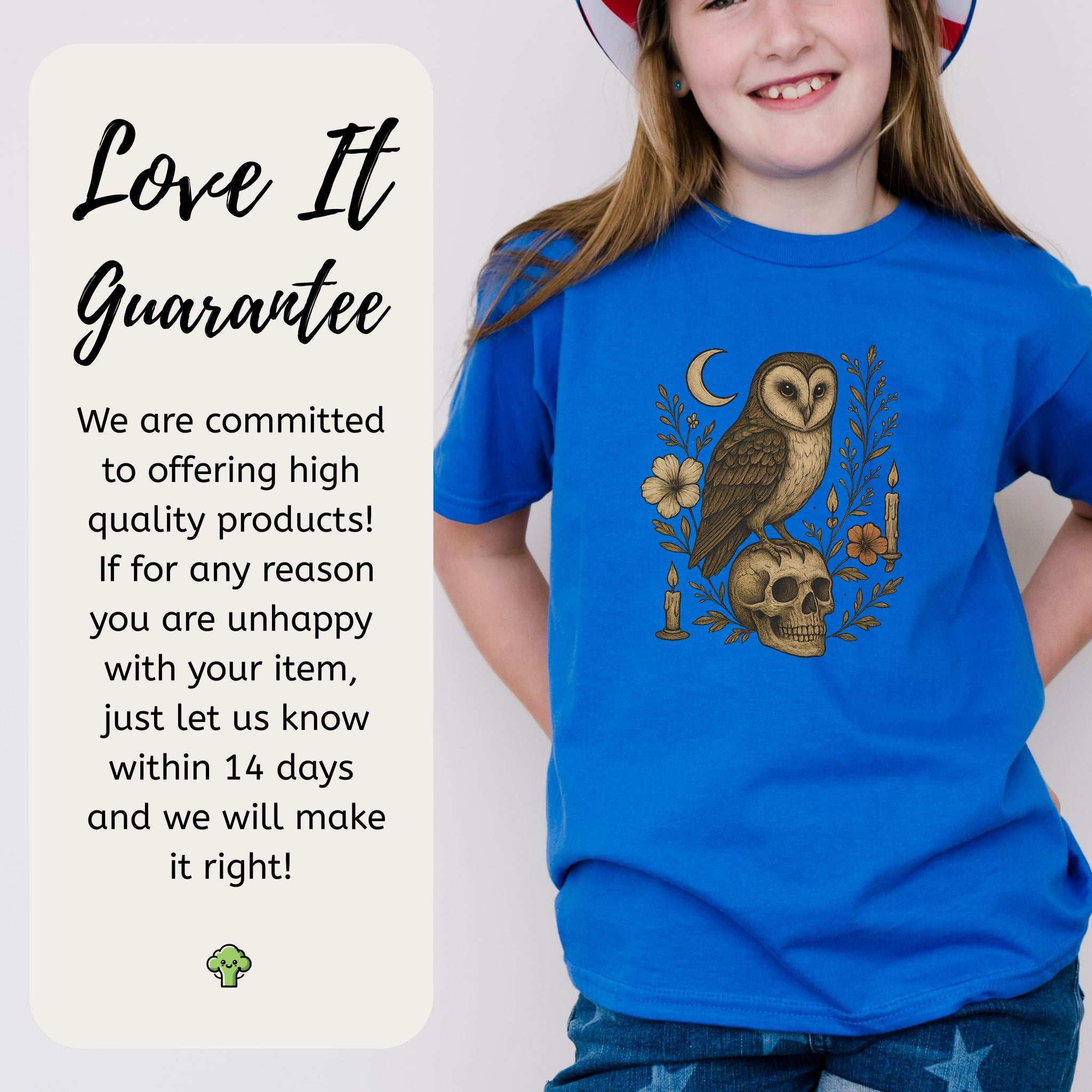 Haunting Owl & Skull Youth T-Shirt – Moonlit Autumn Magic