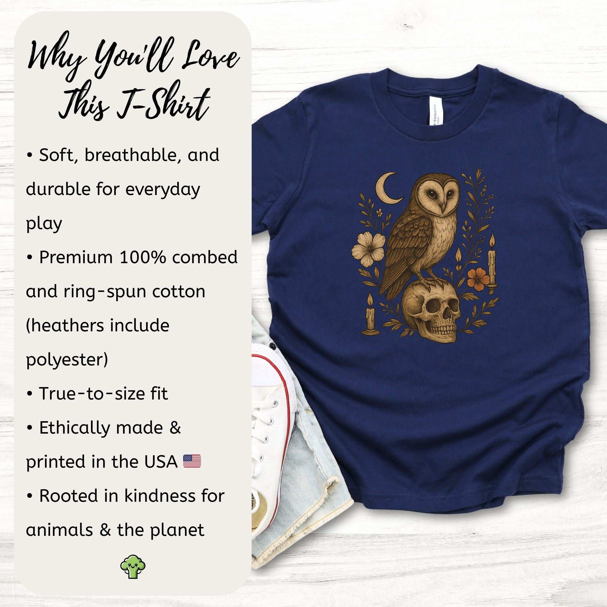 Haunting Owl & Skull Youth T-Shirt – Moonlit Autumn Magic