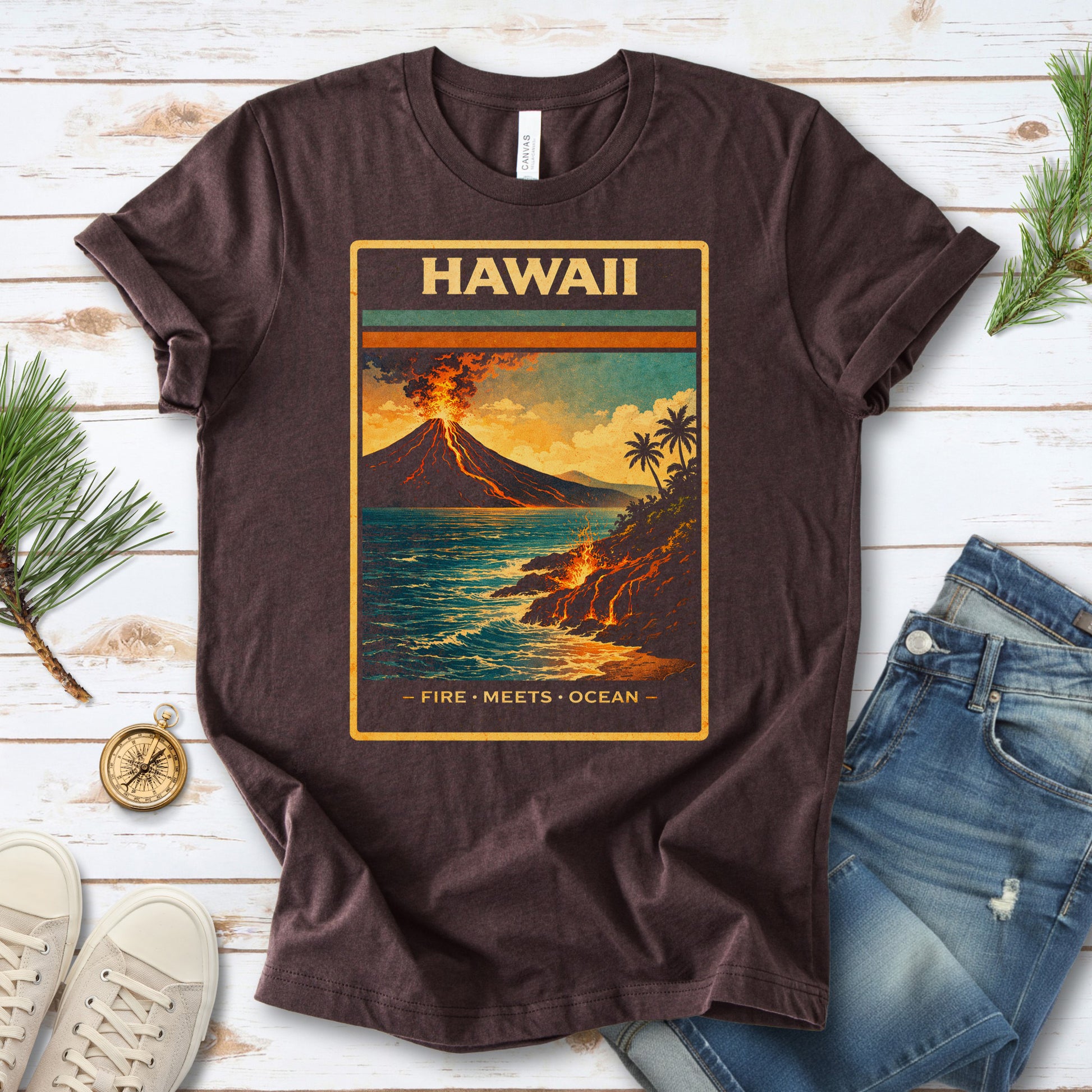 Hawaii Fire Meets Ocean Volcano Beach Adventure Vintage T-Shirt