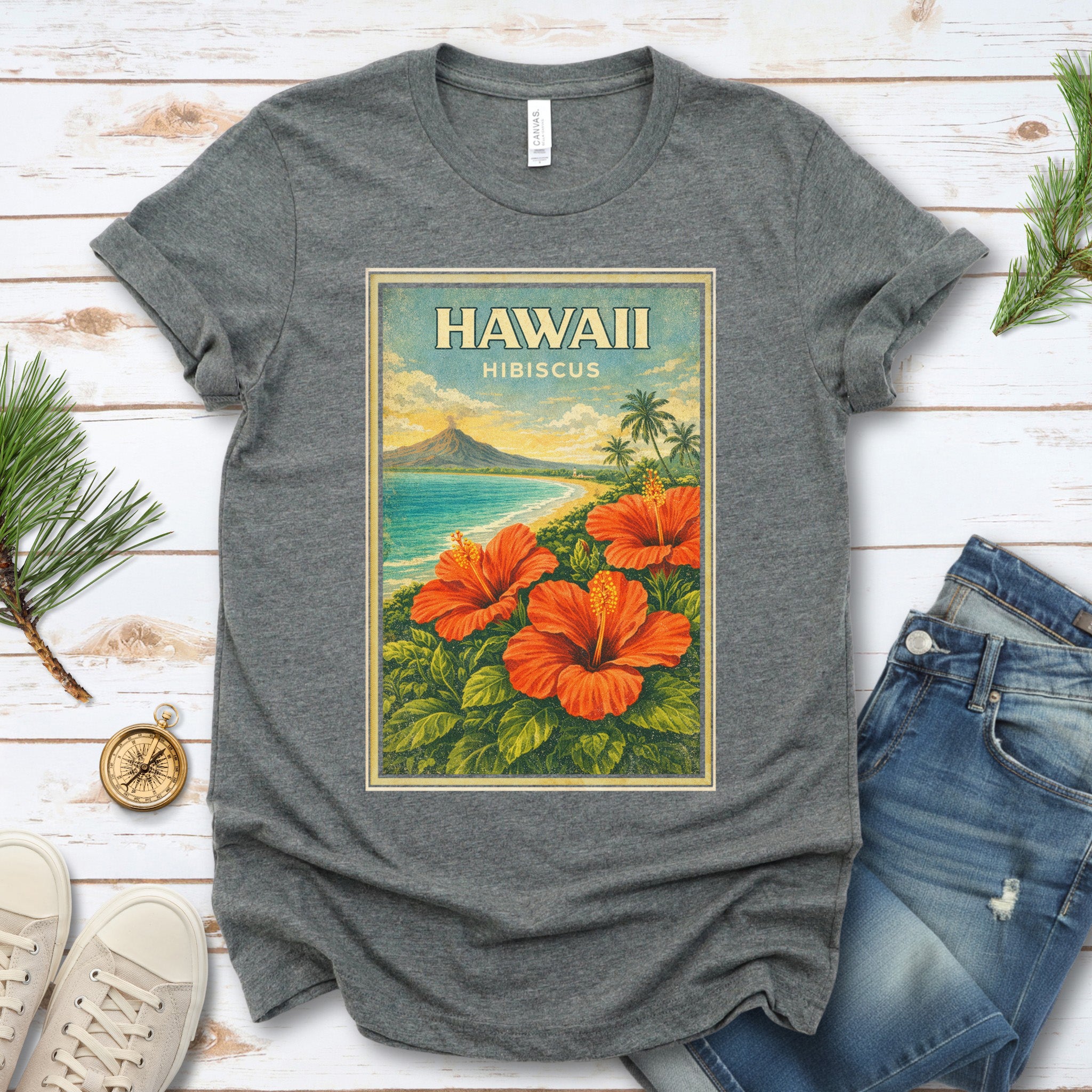 Hawaii Hibiscus Tropical Beach Botanical Vintage T-Shirt