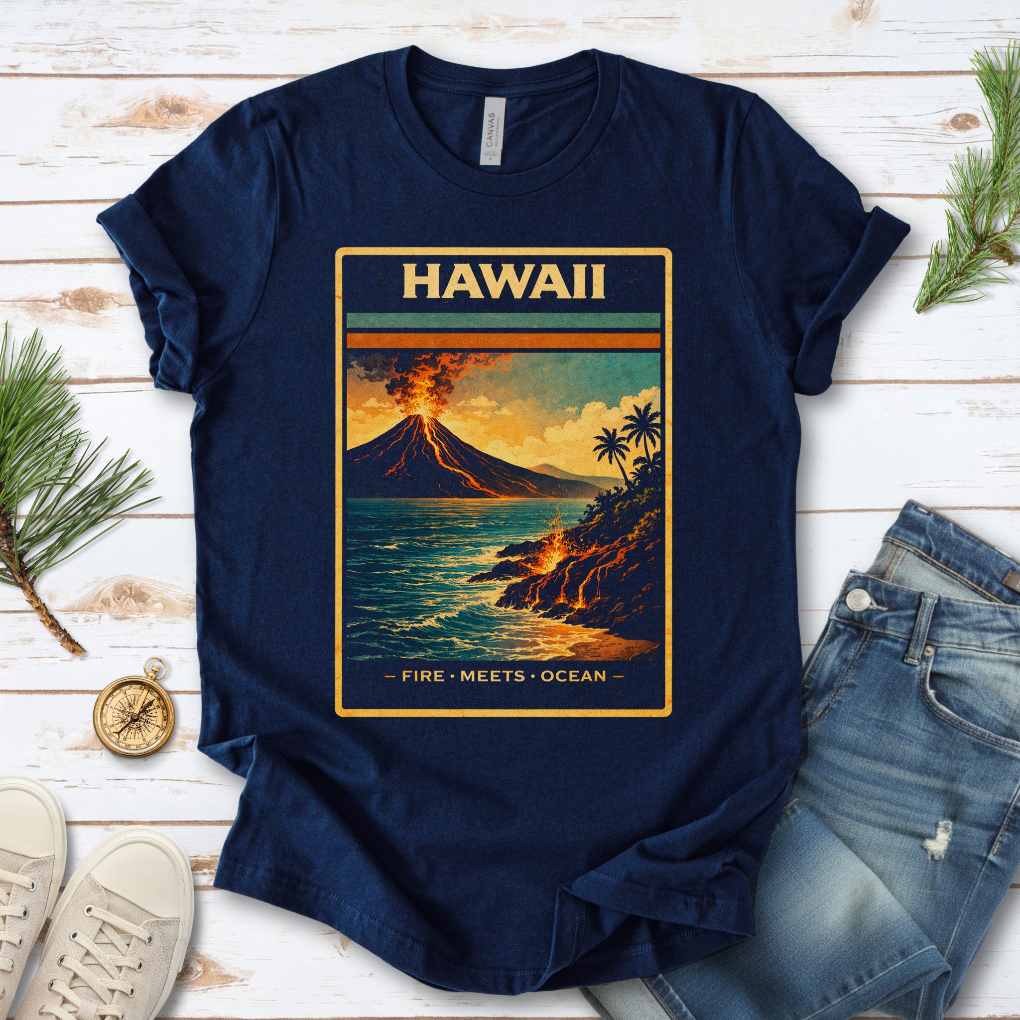 Hawaii Fire Meets Ocean Volcano Beach Adventure Vintage T-Shirt