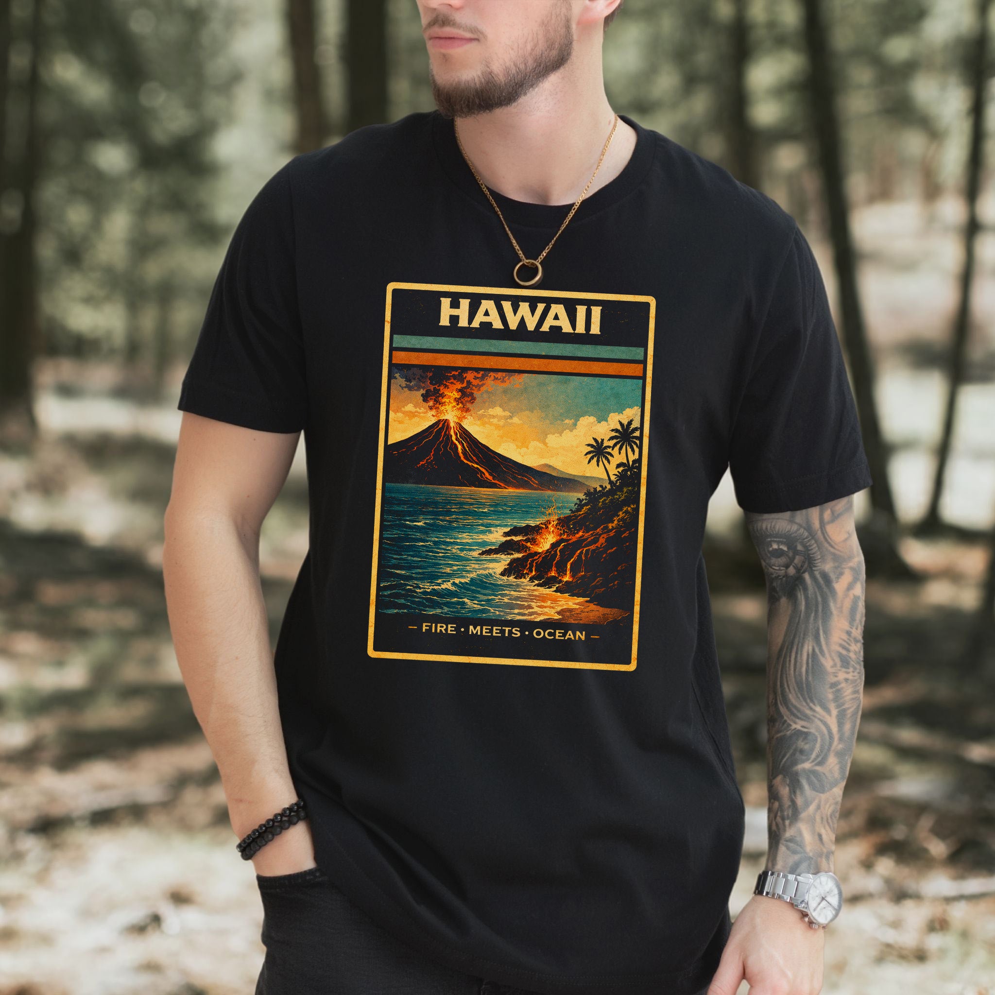 Hawaii Fire Meets Ocean Volcano Beach Adventure Vintage T-Shirt