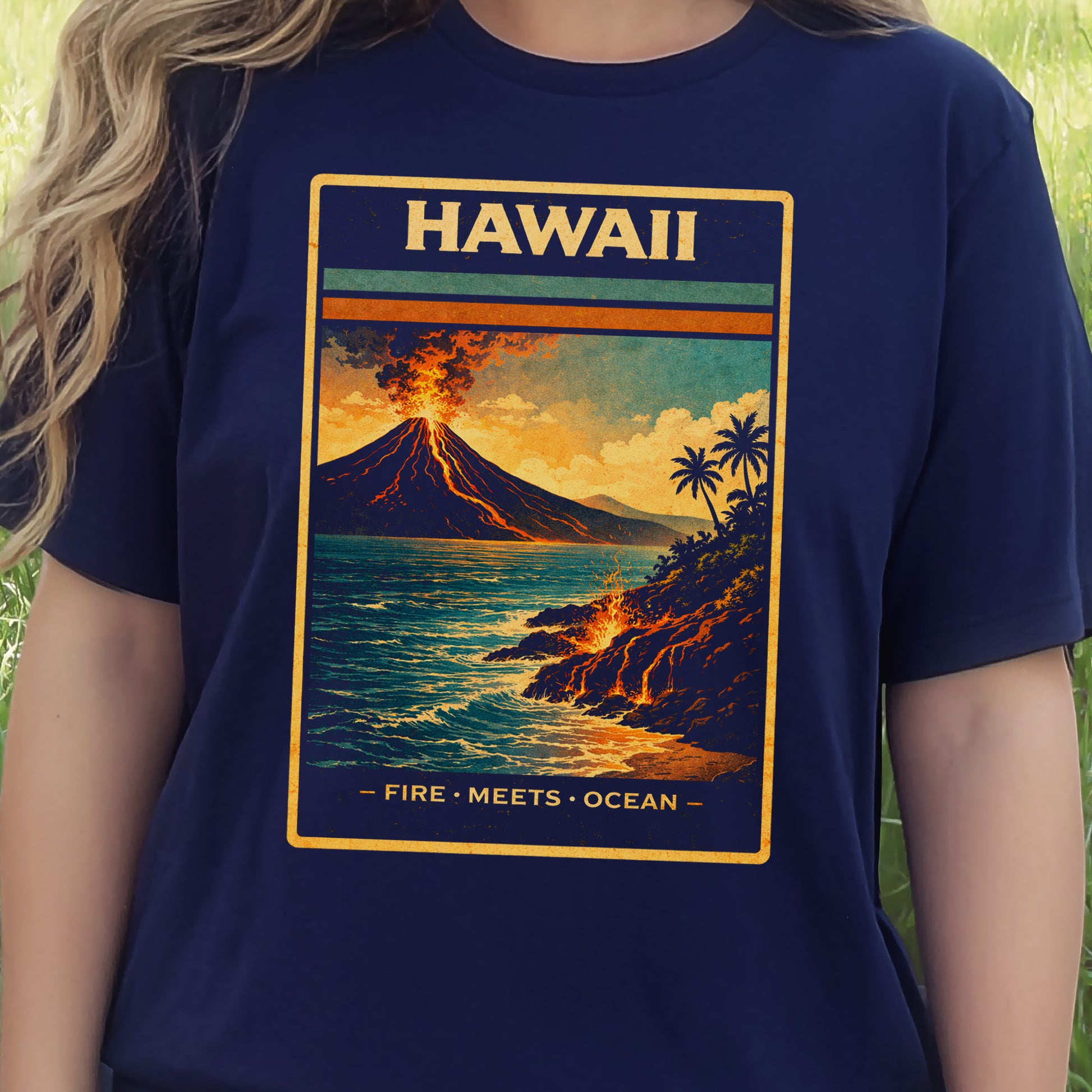 Hawaii Fire Meets Ocean Volcano Beach Adventure Vintage T-Shirt
