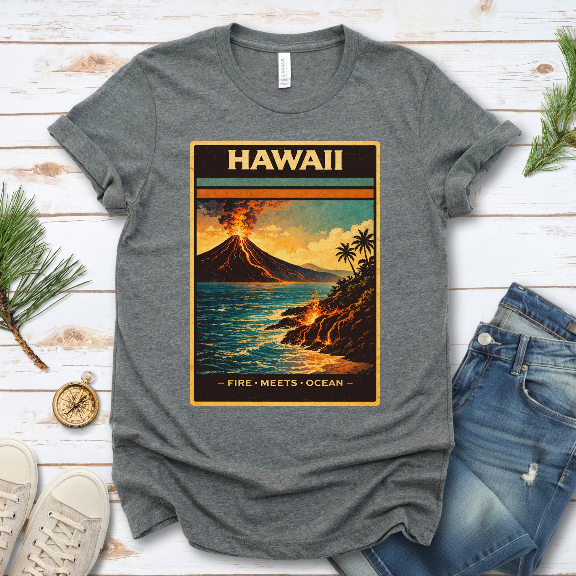 Hawaii Fire Meets Ocean Volcano Beach Adventure Vintage T-Shirt