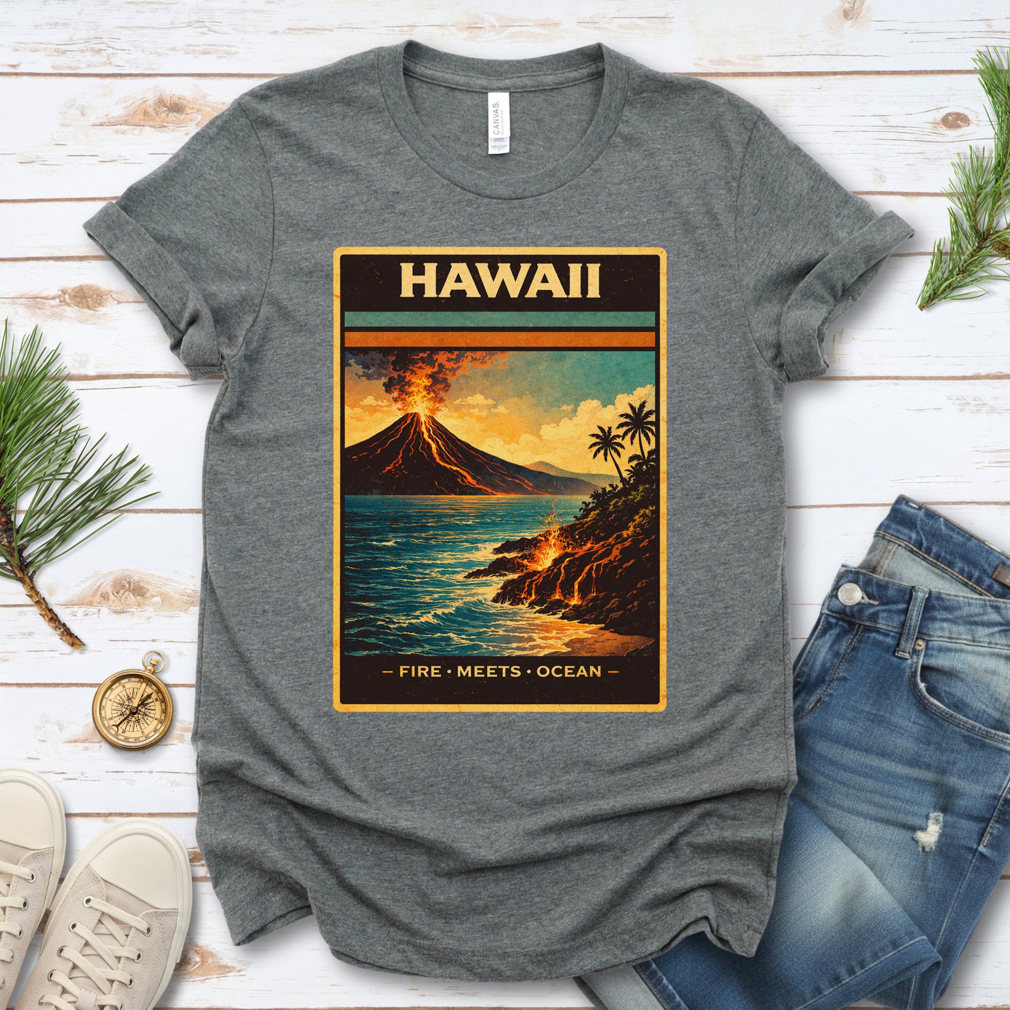 Hawaii Fire Meets Ocean Volcano Beach Adventure Vintage T-Shirt