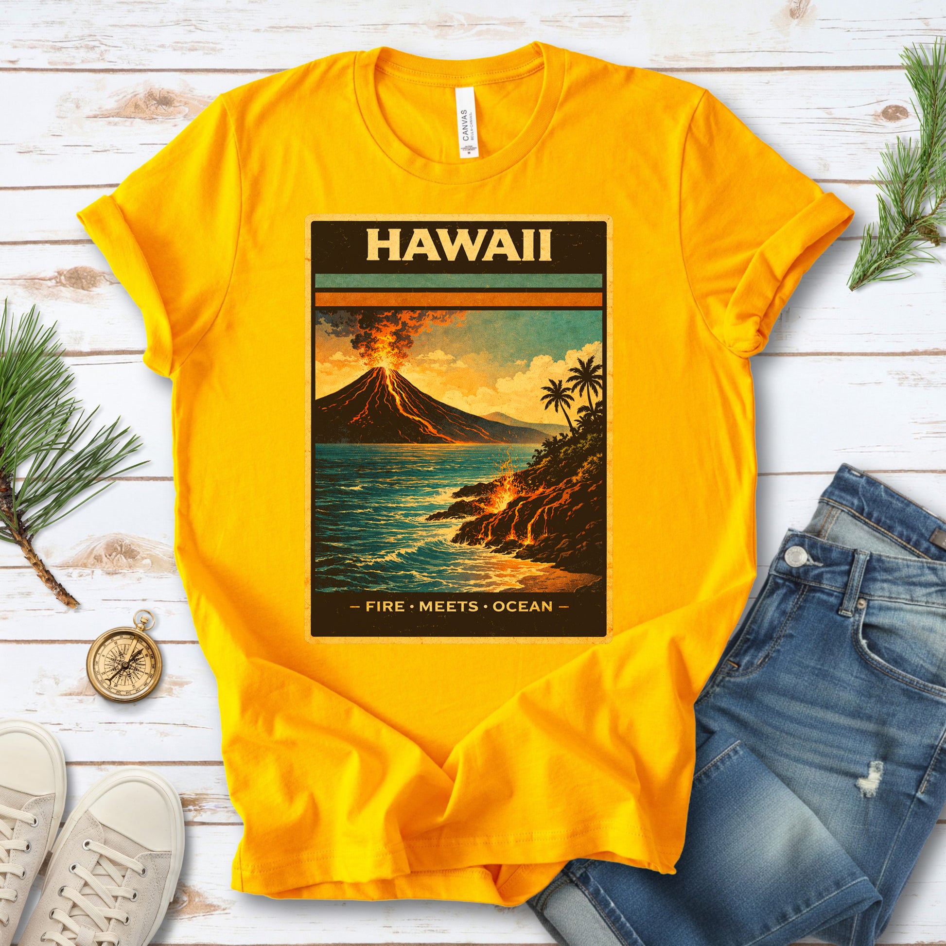 Hawaii Fire Meets Ocean Volcano Beach Adventure Vintage T-Shirt