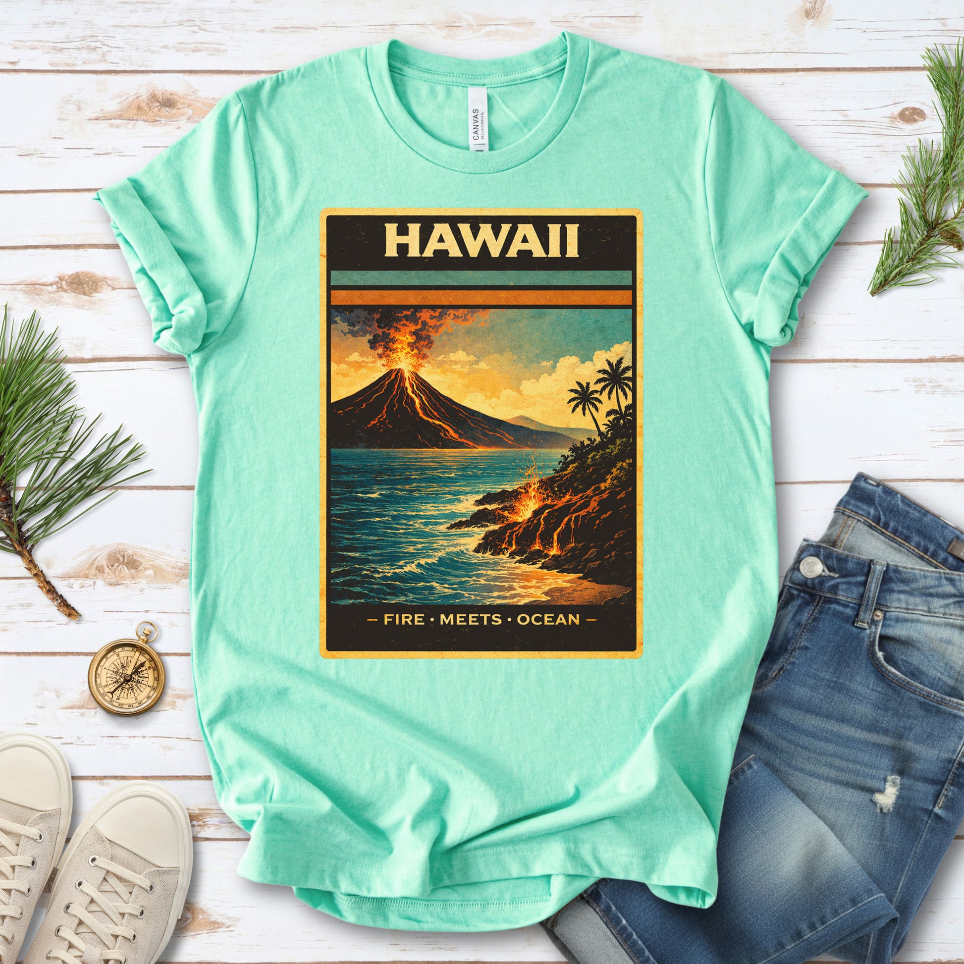 Hawaii Fire Meets Ocean Volcano Beach Adventure Vintage T-Shirt